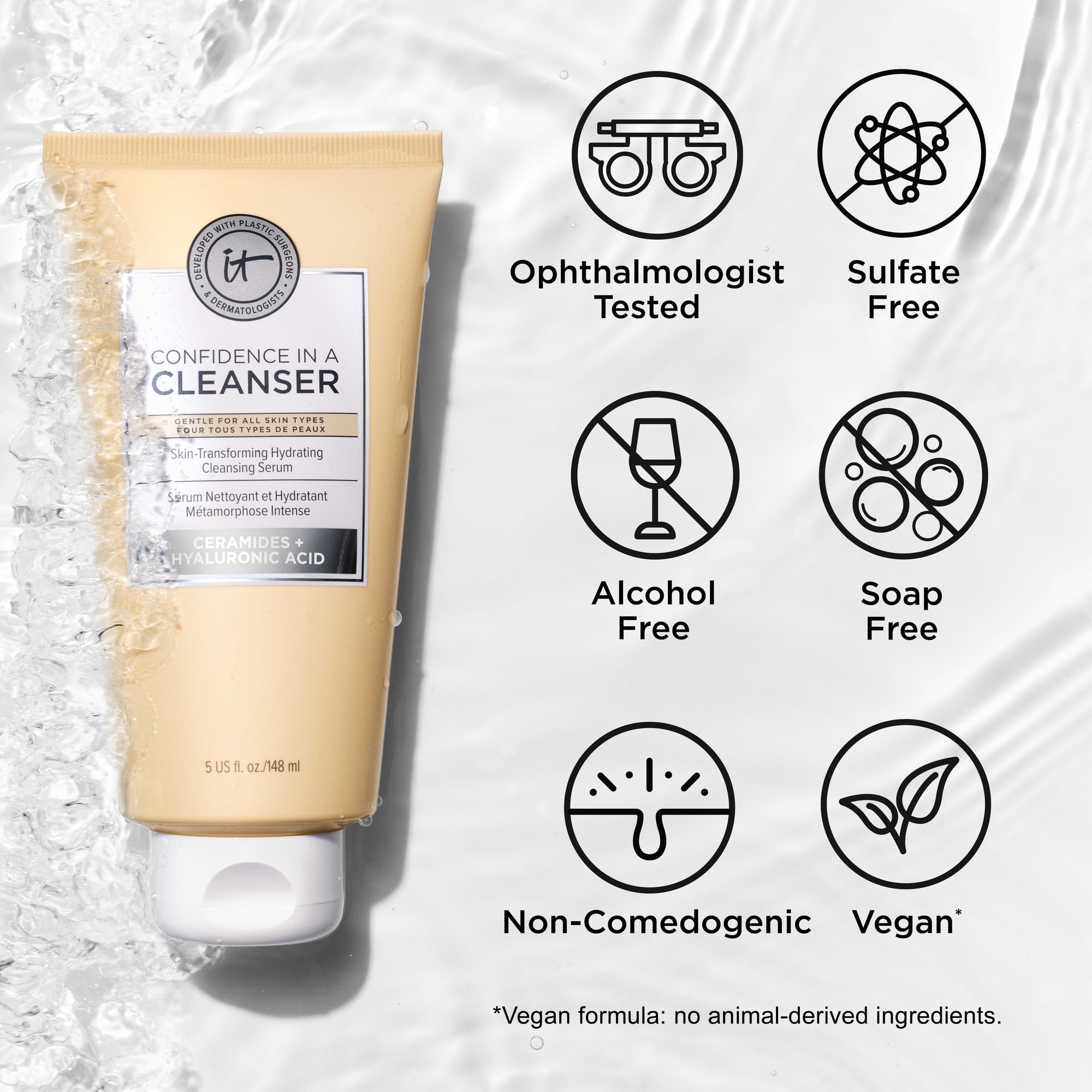 IT Cosmetics Confidence in a Cleanser - Hydrating Face Wash With Hyaluronic Acid & Ceramides - Supports Skin Barrier - Removes Makeup, Oil, and SPF - All Skin Types
