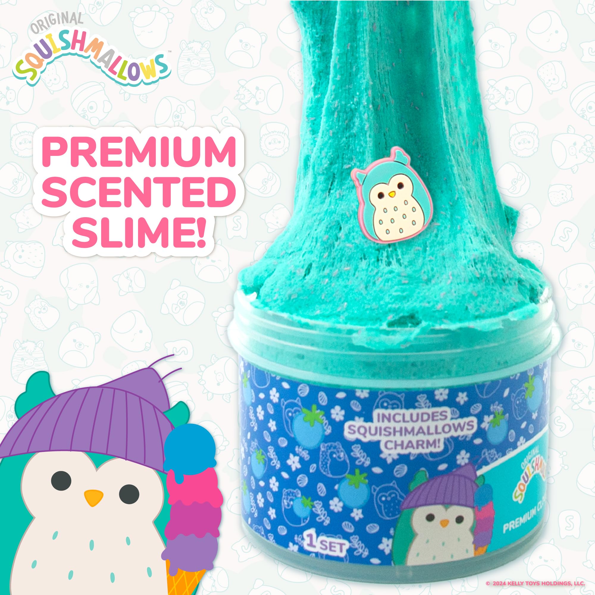 Original Squishmallows Winston The Owl Premium Scented Slime, Blue Raspberry Scented, 8 oz. Slime, 2 Fun Slime Add Ins, Pre-Made Slime for Kids, Great 6 Year Old Toys, Super Soft Squishy Toy