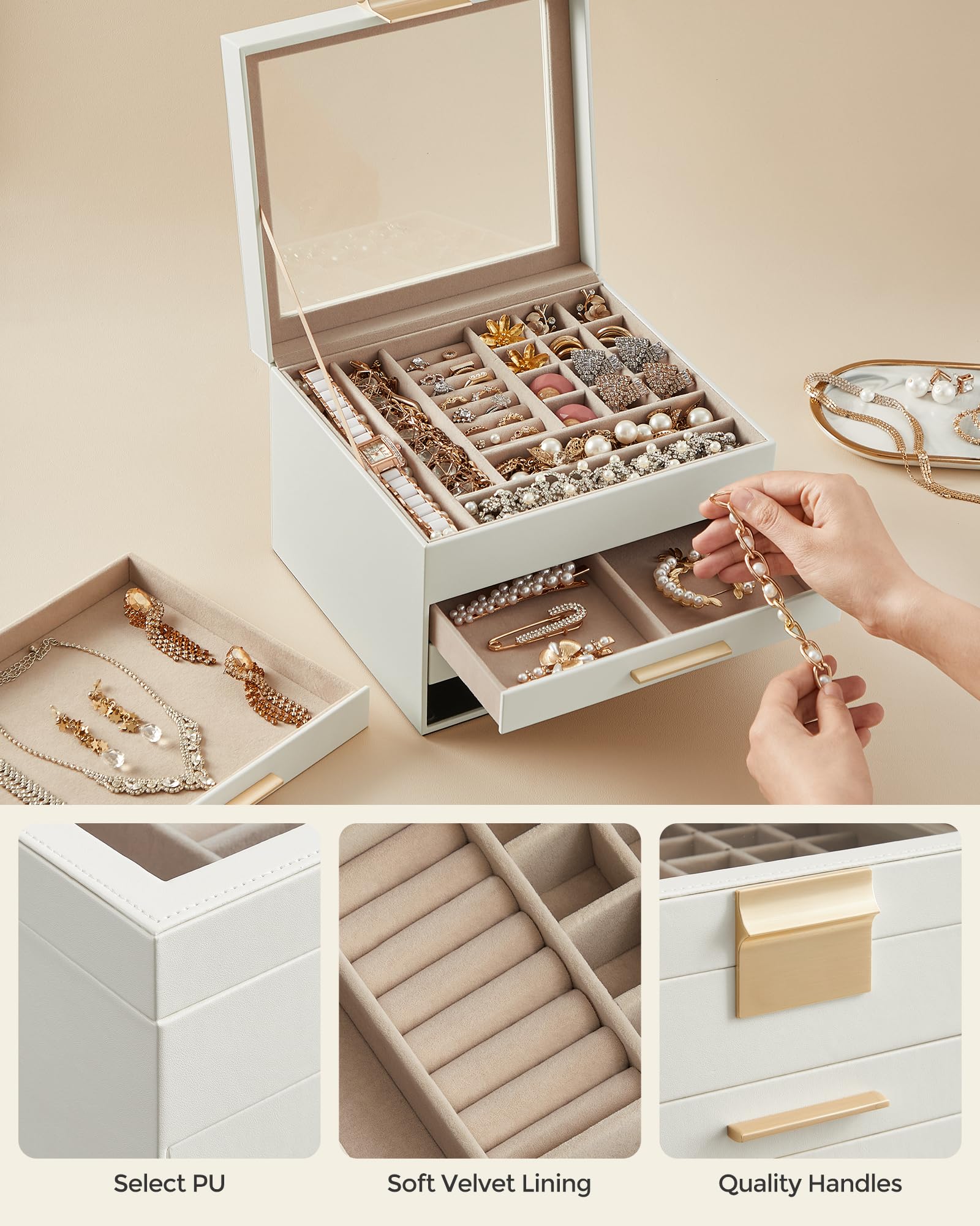 SONGMICS Jewelry Box with Glass Lid, 3-Layer Jewelry Organizer, 2 Drawers, for Big and Small Jewelry, Jewelry Storage, Modern Style, 8 x 9.1 x 5.3 Inches, Cloud White and Gold Color UJBC239WT