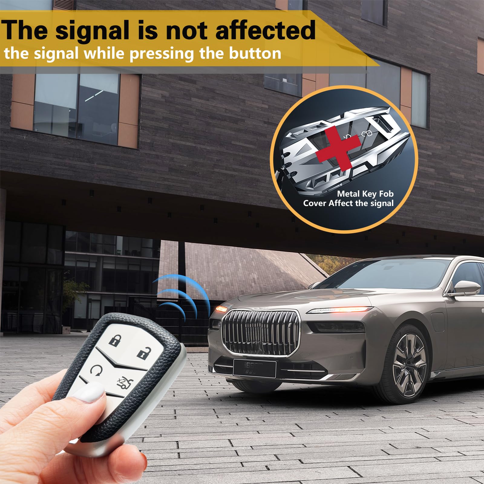 Cadillac Key Fob Cover with Metal Braided Rope Keychain, Upgraded Soft Key Case for 2015-2019 Escalade CTS SRX XT5 ATS STS CT6 (5 Button) (Gold Edge)