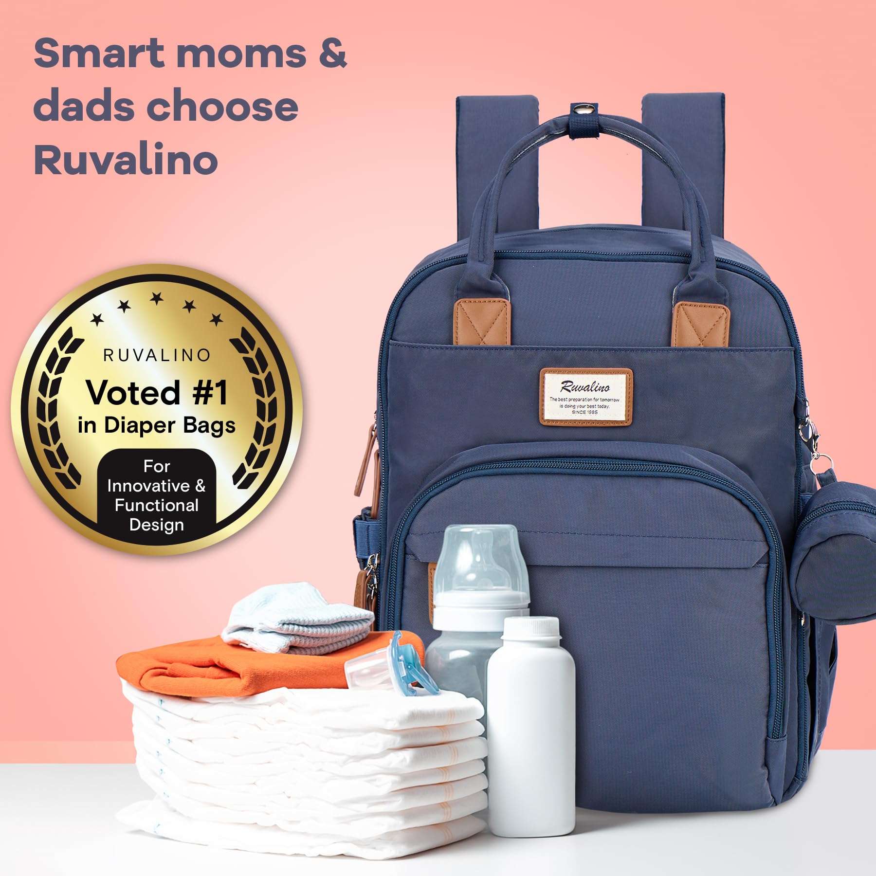 RUVALINO Diaper Bag Backpack, Multifunction Travel Pack Maternity Baby Changing Bags, Large Capacity, Waterproof, Beige