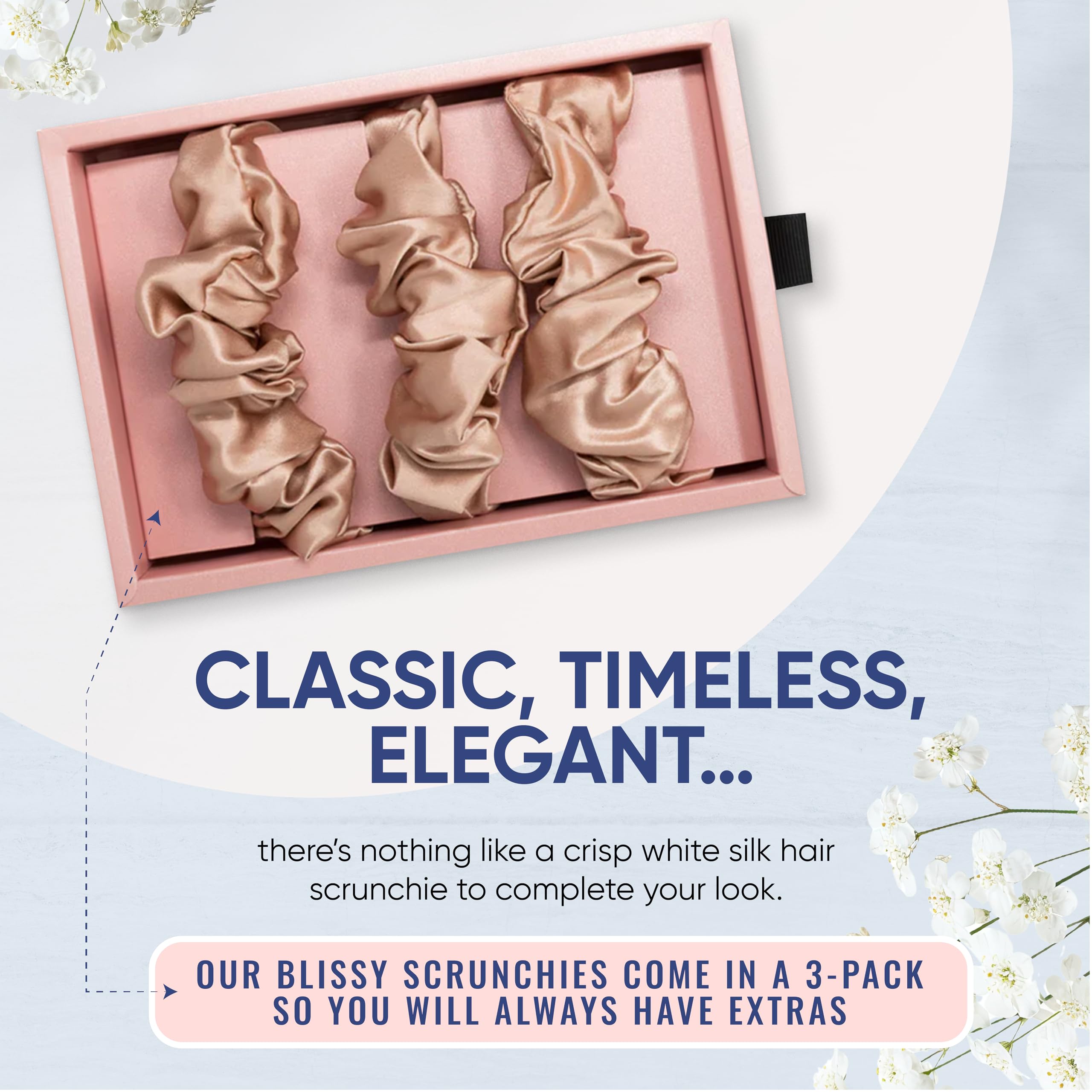 Blissy Silk Scrunchies (3 Pack) - 100% Pure Mulberry Silk - 22 Momme 6A High-Grade Fibers - Silk Scrunchie for Straight & Curly Hair - Preventing Breakage, Tangling, & Creasing (Black Skinny)