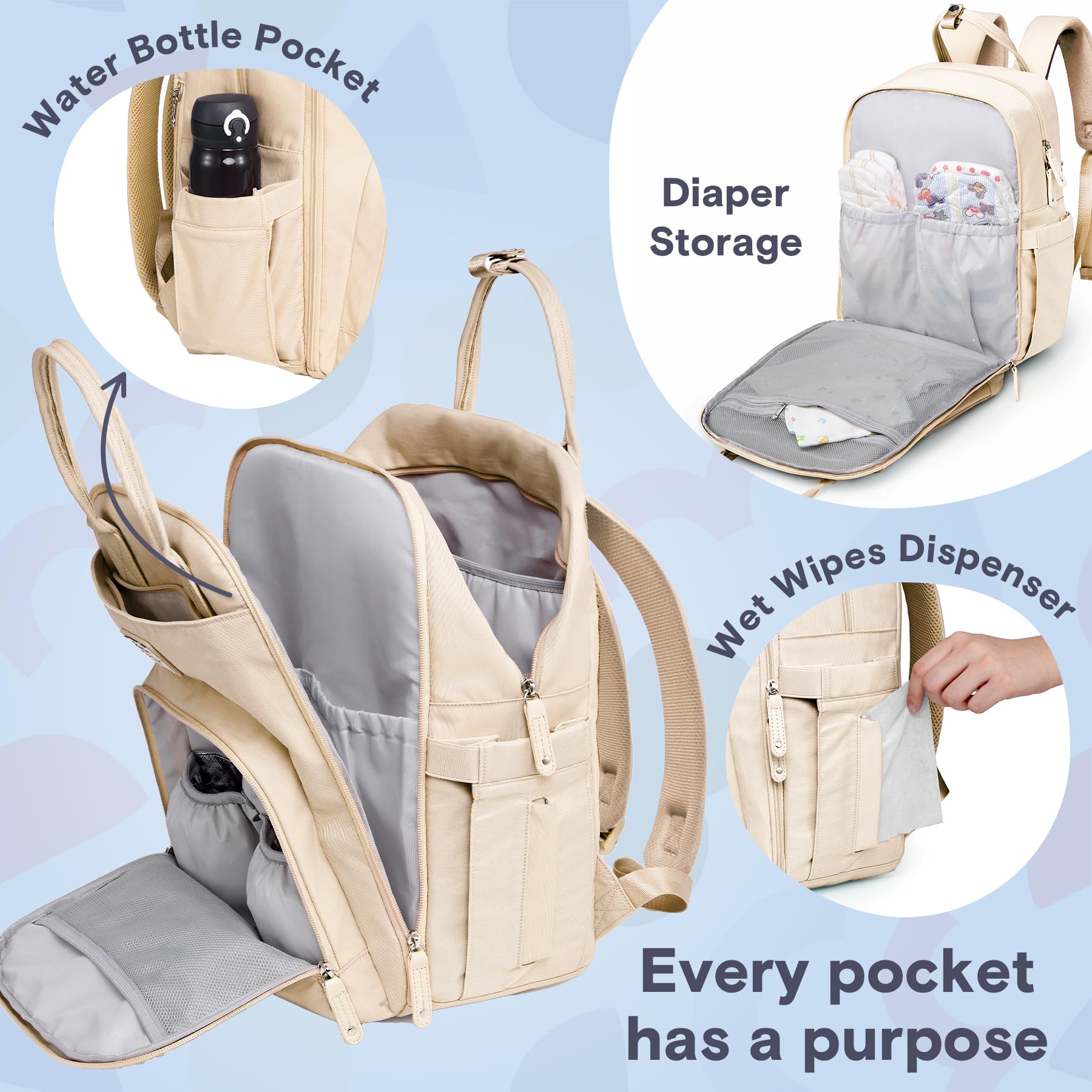RUVALINO Diaper Bag Backpack, Multifunction Travel Pack Maternity Baby Changing Bags, Large Capacity, Waterproof, Beige