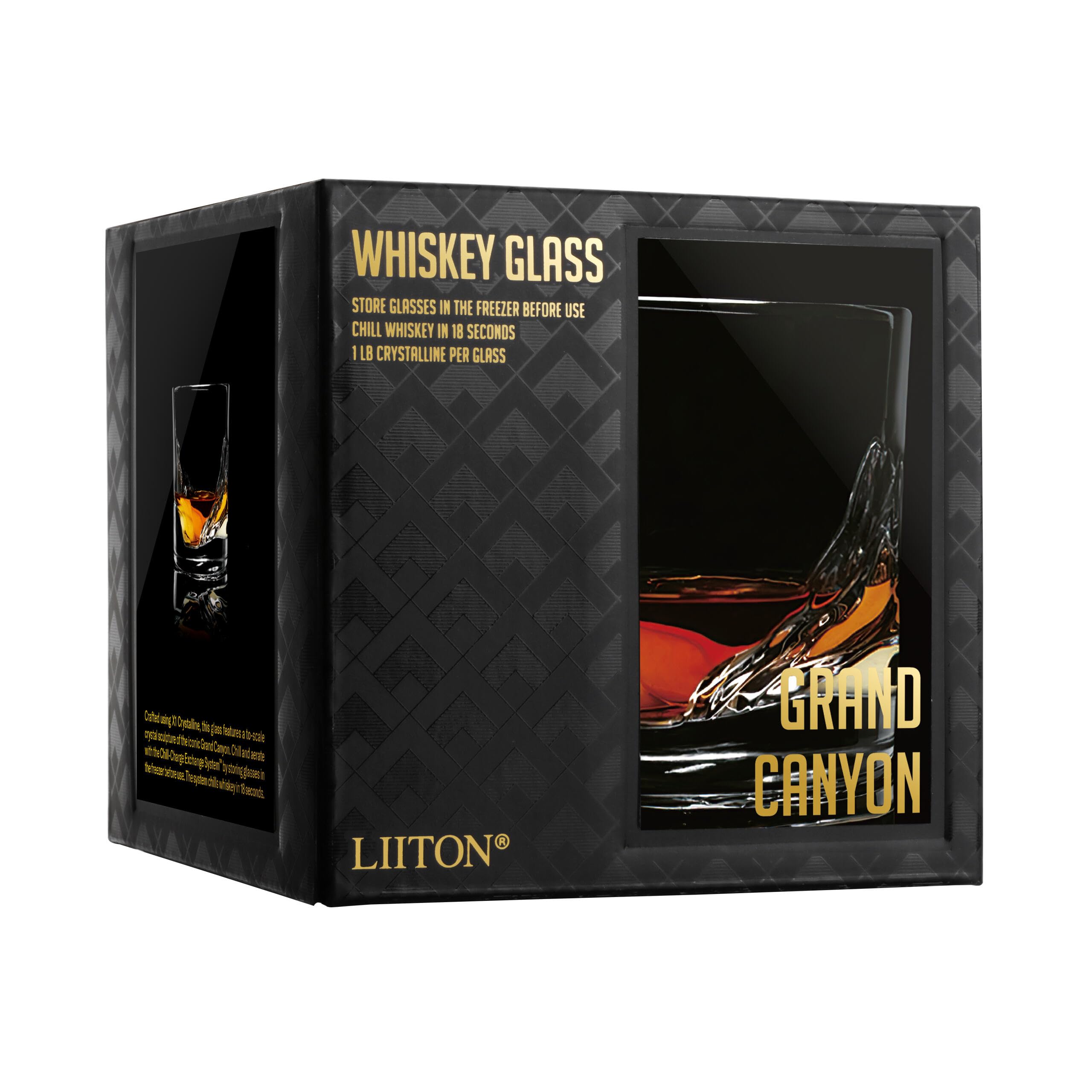 LIITON Heavy Crystal Whiskey Glasses Gift Set, Thick Freezable Bourbon Glass 1lb Each, Premium Whiskey Gifts for Men, Frozen Crystal Chills Cocktails Featuring Grand Canyon Glasses Set of 2, 10 oz