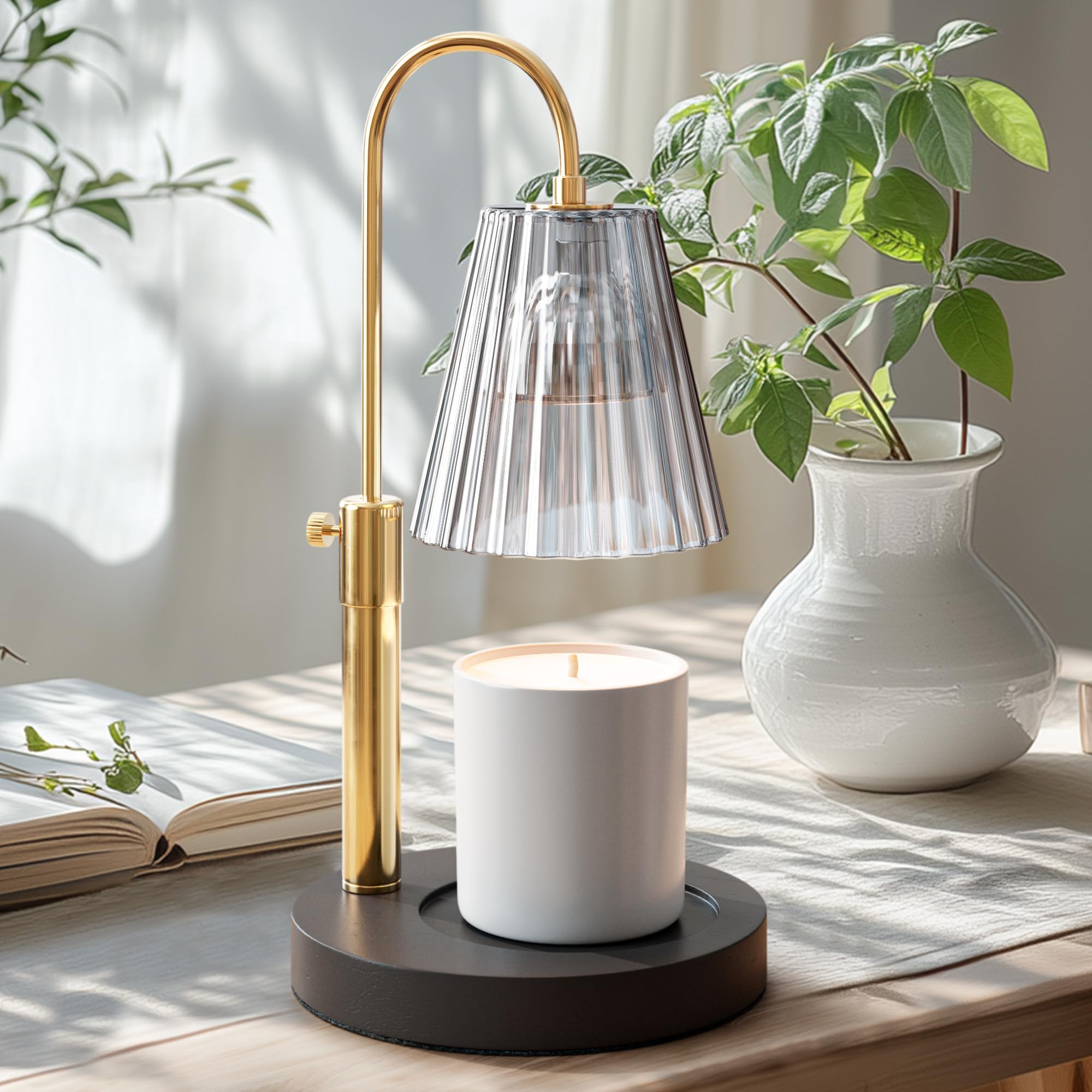 Flameless Candle Warmer Lamp for Jar Candles Large & Small – Dimmable Lamp Candle Warmer Electric with Large Marble Base & Adjustable Height – Candle Melter with Timer and 4 Halogen Light Bulbs