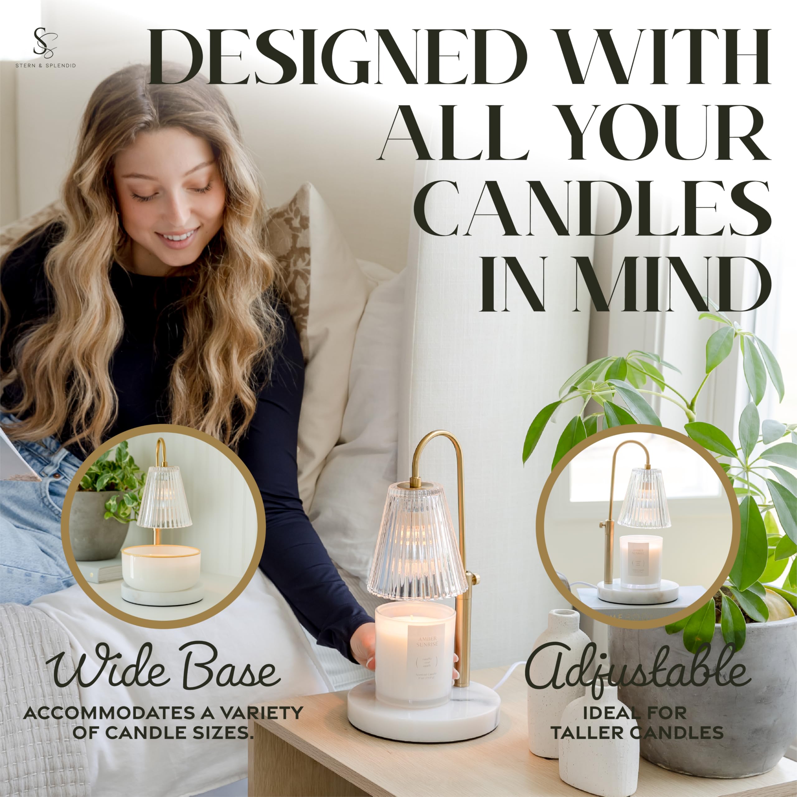 Flameless Candle Warmer Lamp for Jar Candles Large & Small – Dimmable Lamp Candle Warmer Electric with Large Marble Base & Adjustable Height – Candle Melter with Timer and 4 Halogen Light Bulbs