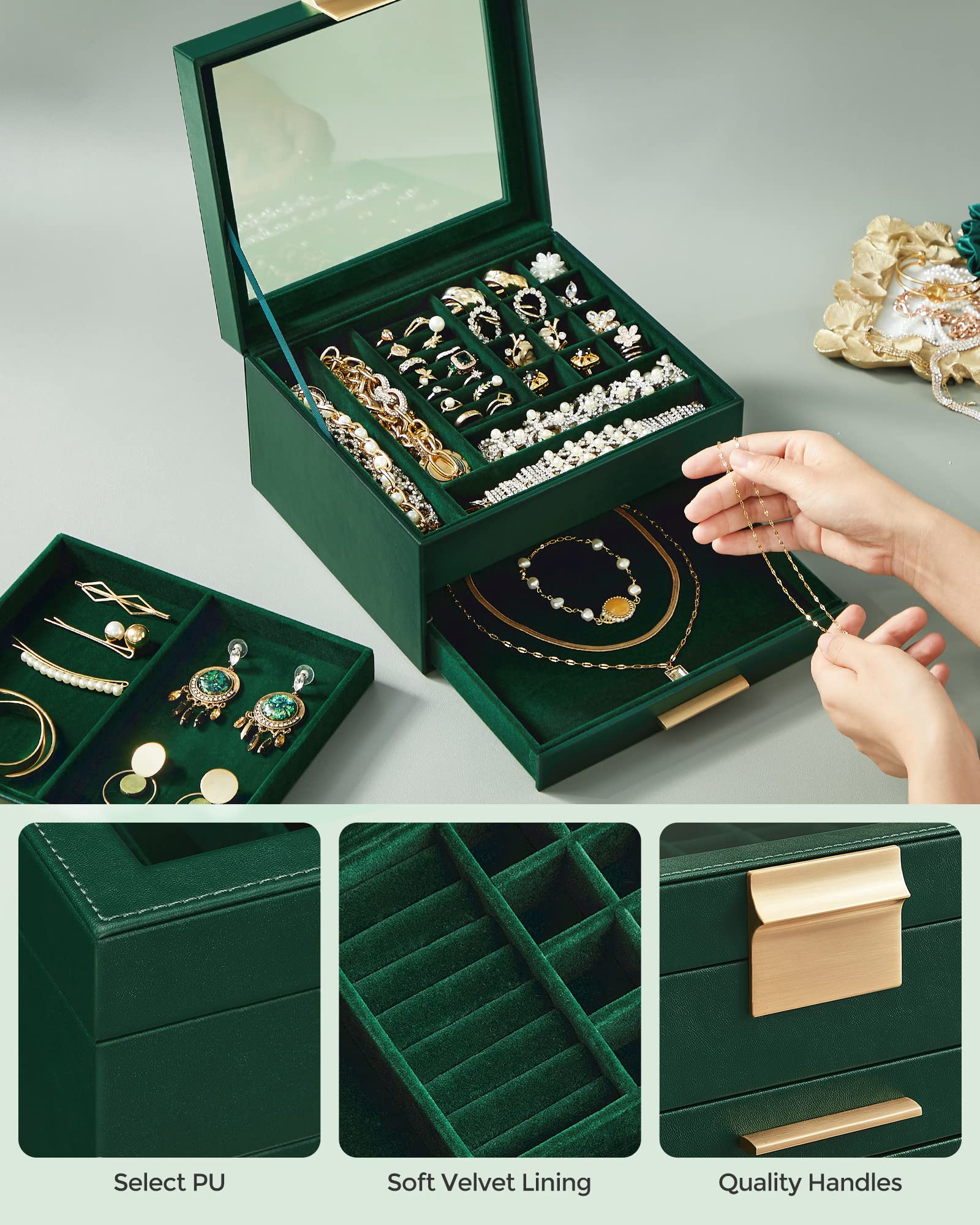 SONGMICS Jewelry Box with Glass Lid, 3-Layer Jewelry Organizer, 2 Drawers, for Big and Small Jewelry, Jewelry Storage, Modern Style, 8 x 9.1 x 5.3 Inches, Cloud White and Gold Color UJBC239WT