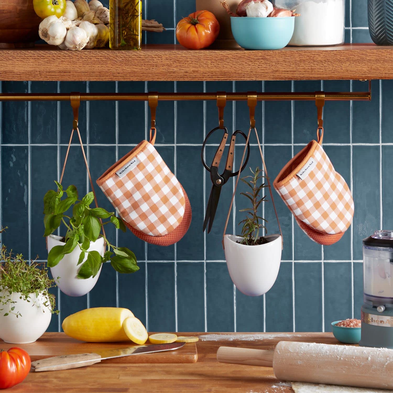 KitchenAid Gingham Mini Oven Mitt 2-Pack Set, Milkshake Tan, 5.5"x8"