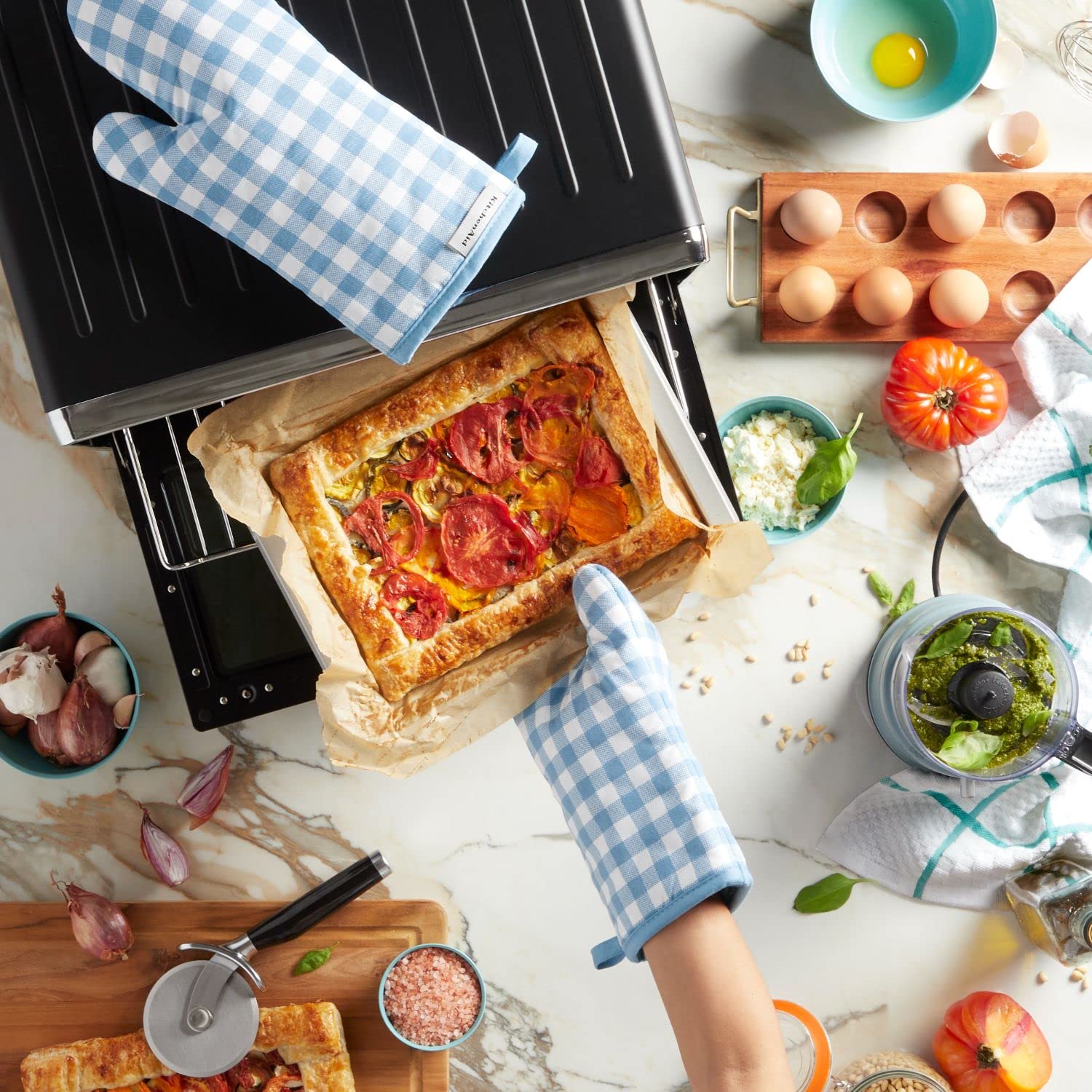 KitchenAid Gingham Oven Mitt 2-Pack Set, Milkshake, 7"x13"