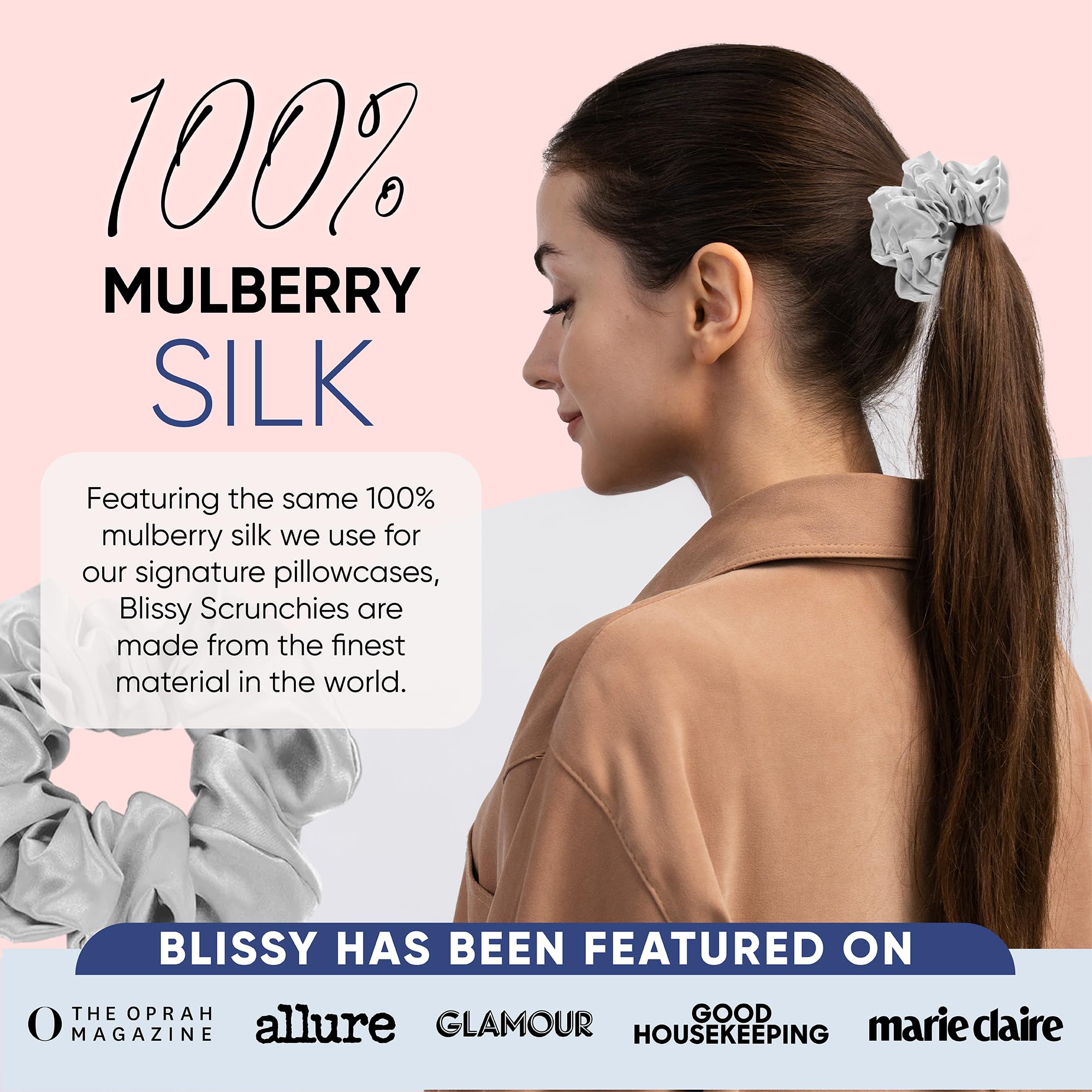 Blissy Silk Scrunchies (3 Pack) - 100% Pure Mulberry Silk - 22 Momme 6A High-Grade Fibers - Silk Scrunchie for Straight & Curly Hair - Preventing Breakage, Tangling, & Creasing (Rose Skinny)