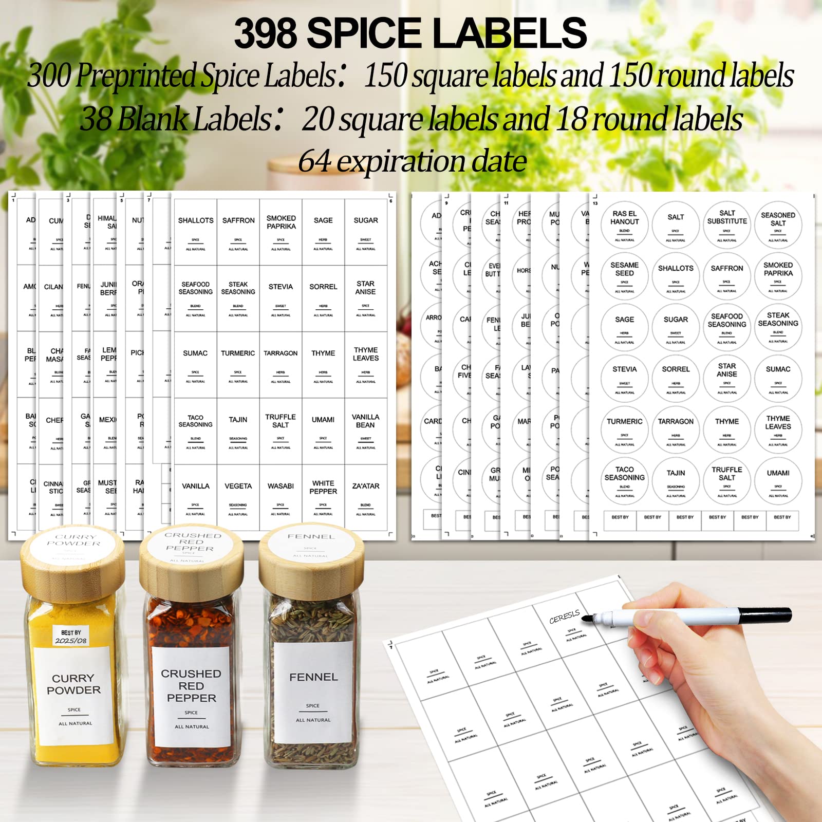 AISIPRIN 24 Pcs Glass Spice Jars with Bamboo Airtight Lids and 398 Labels, 4oz Empty Square Containers Seasoning Storage Bottles - Shaker Lids, Funnel, Brush and Marker Included