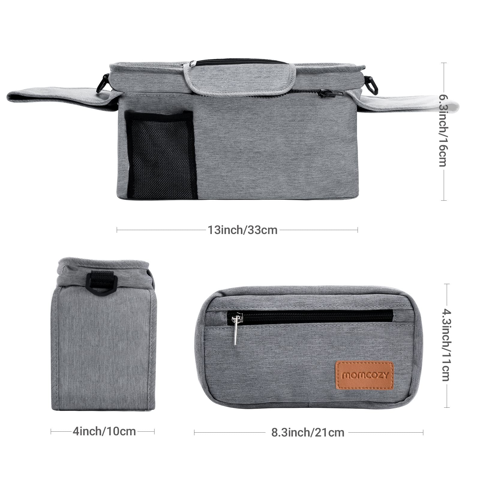 Momcozy Universal Baby Stroller Organizer, 2 Insulated Cup Holder, Detachable Zippered Pocket, Adjustable Shoulder Strap, Large capacity for baby essentials, Compact Design Fits Any Strollers