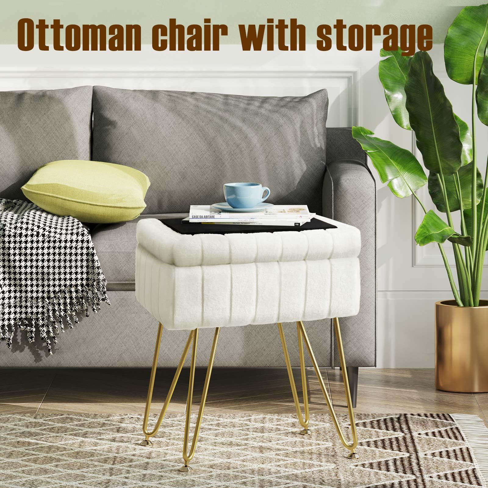 Greenstell Vanity Stool Chair Faux Fur with Storage, 19.4" H x 15.7" L x 11.8" W Soft Ottoman 4 Metal Legs with Anti-Slip Feet, Furry Padded Seat, Modern Multifunctional Chairs for Makeup, Bedroom