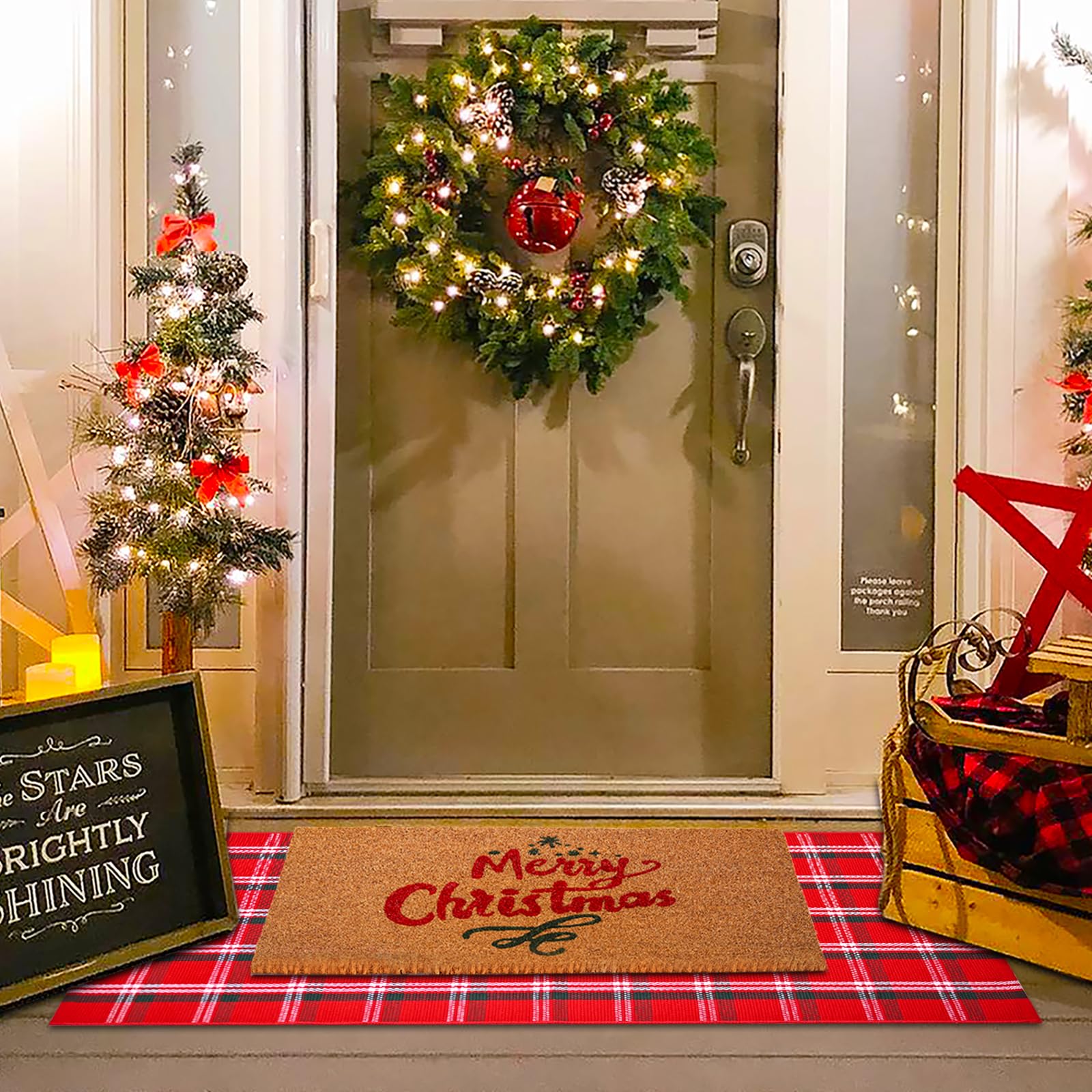 Christmas Red and White Plaid Rug - 28 x 43 Inches Outdoor Front Door Decor Mat Cotton Washable Hand-Woven Rug Christmas New Year Holiday Porch Entryway Layered Doormat
