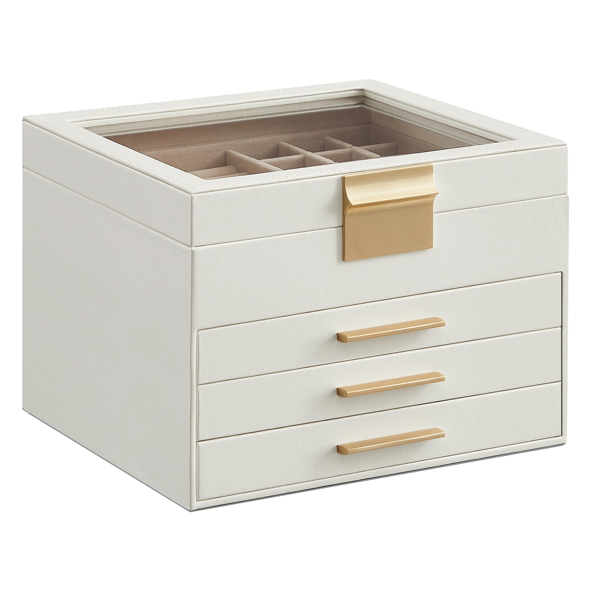 SONGMICS Jewelry Box with Glass Lid, 3-Layer Jewelry Organizer, 2 Drawers, for Big and Small Jewelry, Jewelry Storage, Modern Style, 8 x 9.1 x 5.3 Inches, Cloud White and Gold Color UJBC239WT