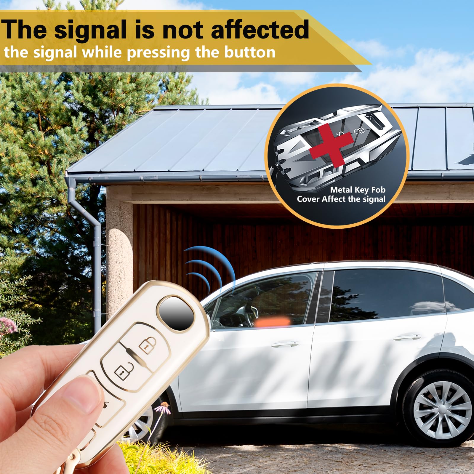 Cadillac Key Fob Cover with Metal Braided Rope Keychain, Upgraded Soft Key Case for 2015-2019 Escalade CTS SRX XT5 ATS STS CT6 (5 Button) (Gold Edge)