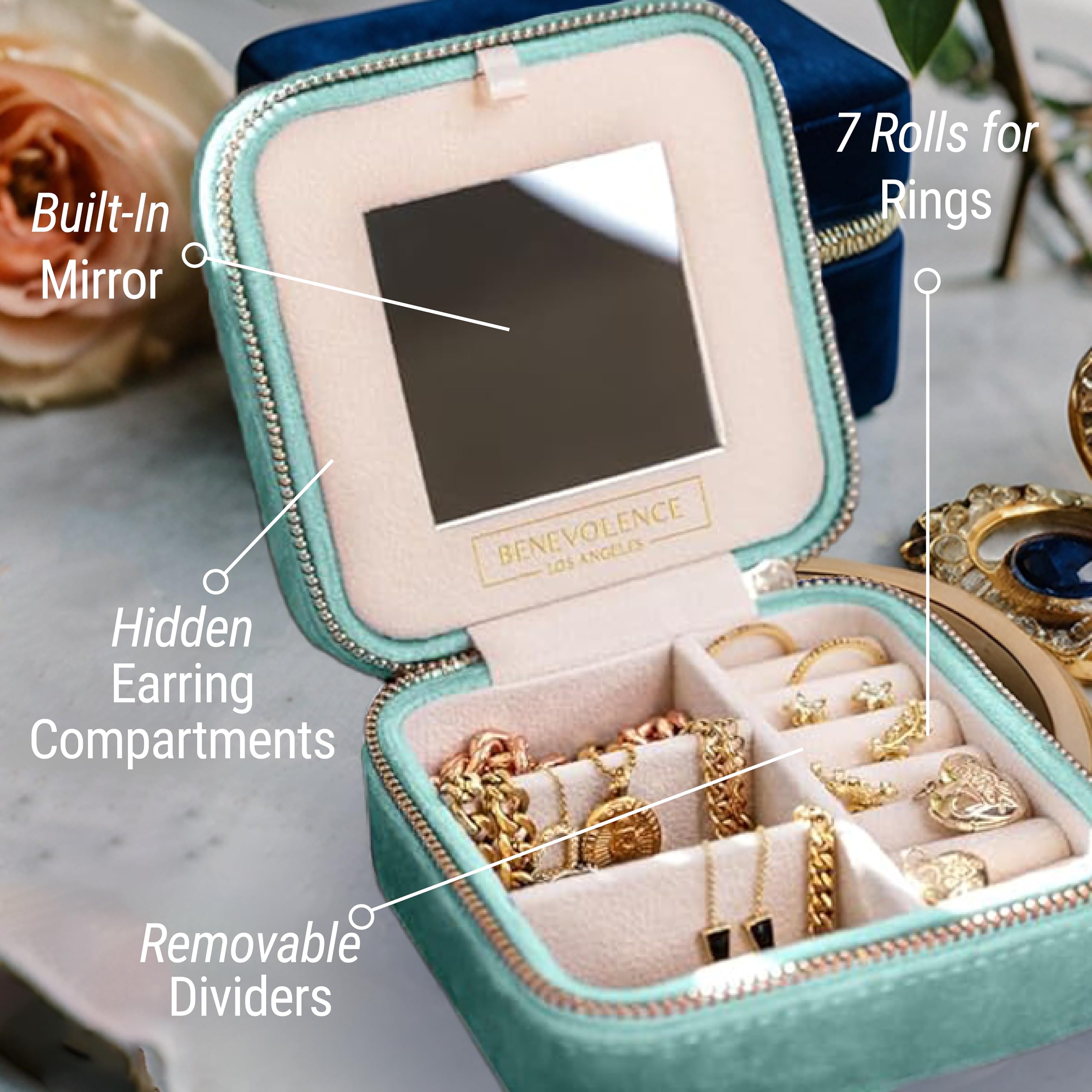 Benevolence LA Plush Velvet Travel Jewelry Storage Box | Travel Jewelry Case Small Jewelry Box for Women | Jewelry Travel Organizer | Earring Organizer with Mirror - Dusty Pink