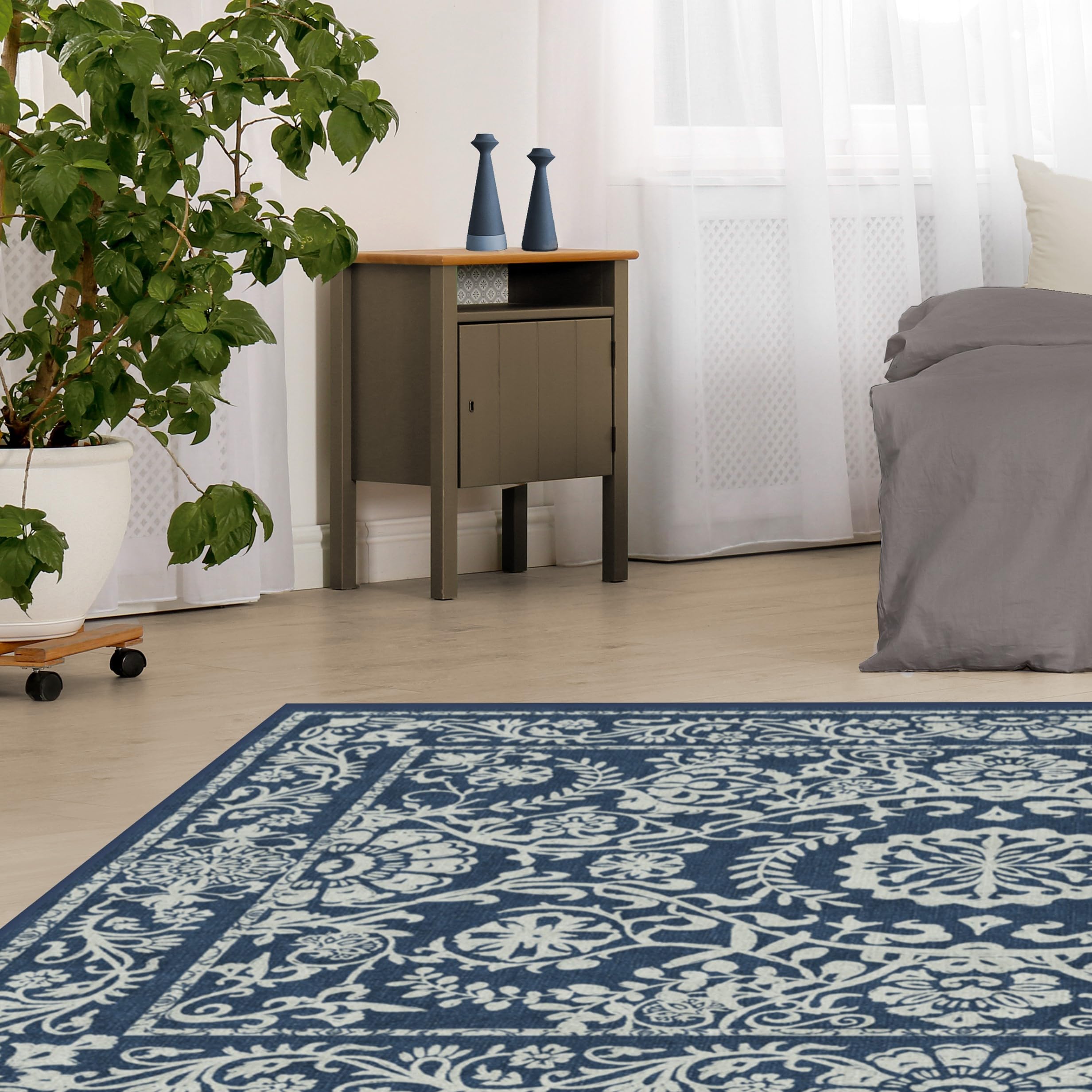 RUGGABLE Washable 2x3 Area Rug, Delphina Delft Blue, Premium Vintage Rugs for Living Room, Bedroom, Kitchen, Office, Classroom with Gripper Non Slip Pad