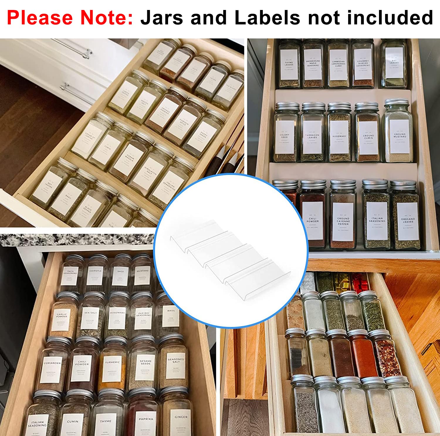 Clear Acrylic Spice Drawer Organizer, 4 Tier- 2 Set Expandable From 33 cm to 66 cm Seasoning Jars Drawers Insert, Kitchen Spice Rack Tray for Drawer/Countertop (Jars and Labels not included)