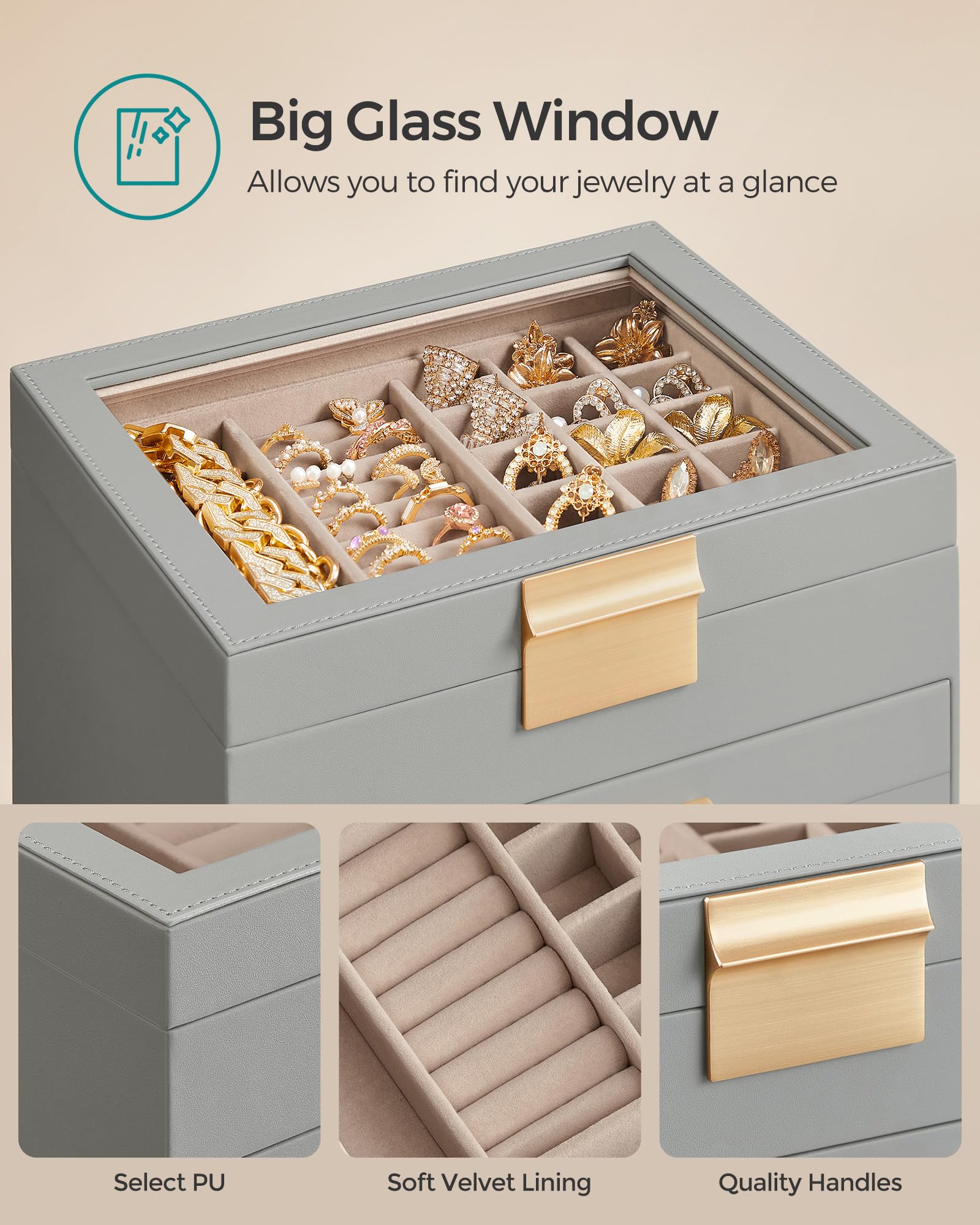 SONGMICS Jewelry Box with Glass Lid, 3-Layer Jewelry Organizer, 2 Drawers, for Big and Small Jewelry, Jewelry Storage, Modern Style, 8 x 9.1 x 5.3 Inches, Cloud White and Gold Color UJBC239WT