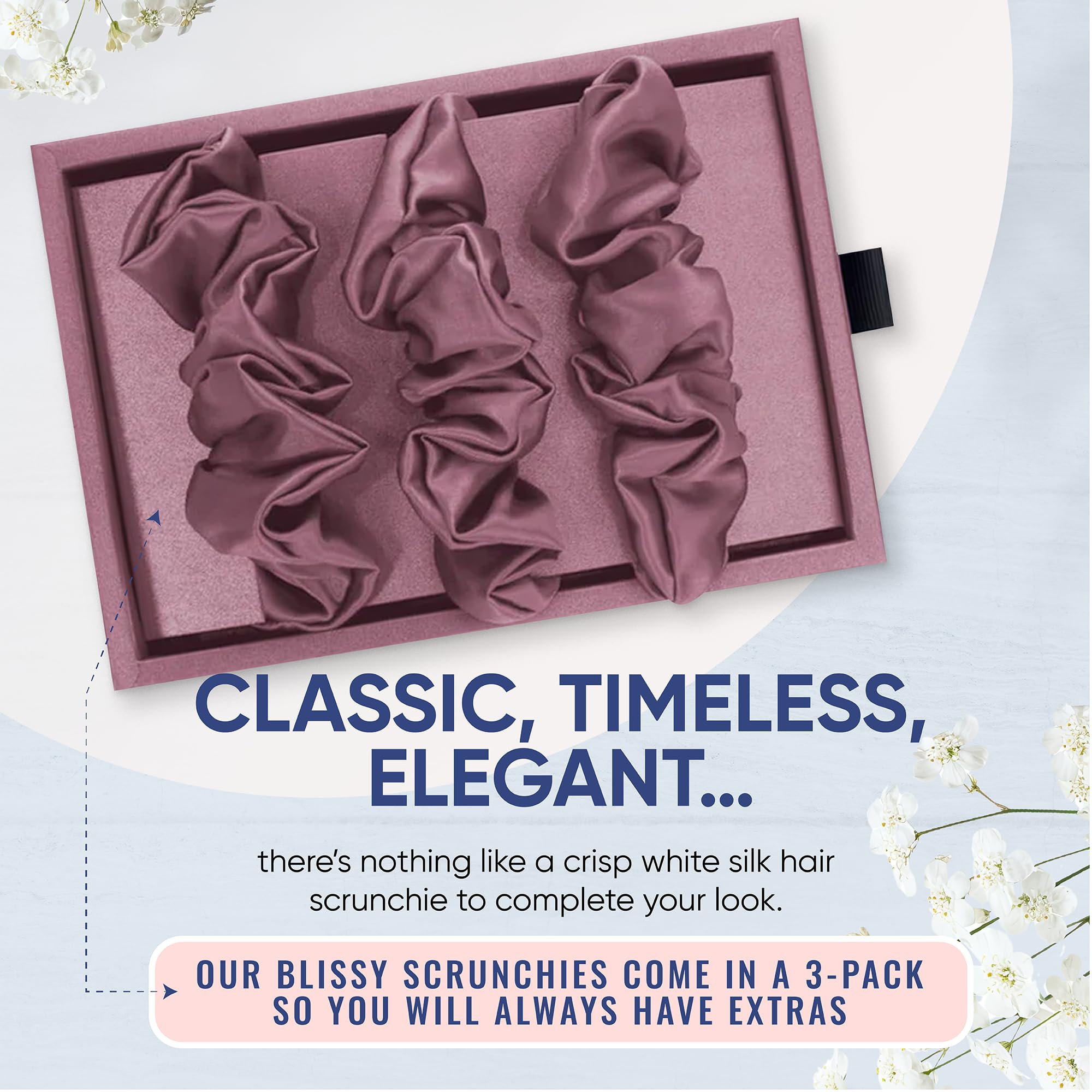 Blissy Silk Scrunchies (3 Pack) - 100% Pure Mulberry Silk - 22 Momme 6A High-Grade Fibers - Silk Scrunchie for Straight & Curly Hair - Preventing Breakage, Tangling, & Creasing (Rose Skinny)