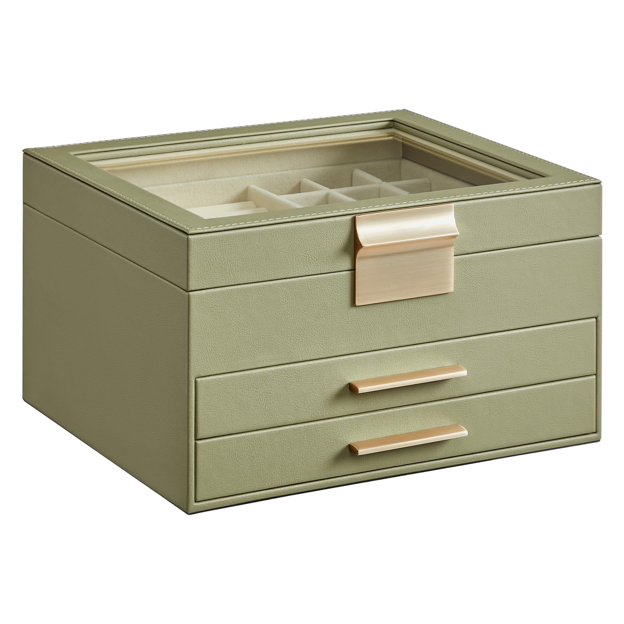 SONGMICS Jewelry Box with Glass Lid, 3-Layer Jewelry Organizer, 2 Drawers, for Big and Small Jewelry, Jewelry Storage, Modern Style, 8 x 9.1 x 5.3 Inches, Cloud White and Gold Color UJBC239WT