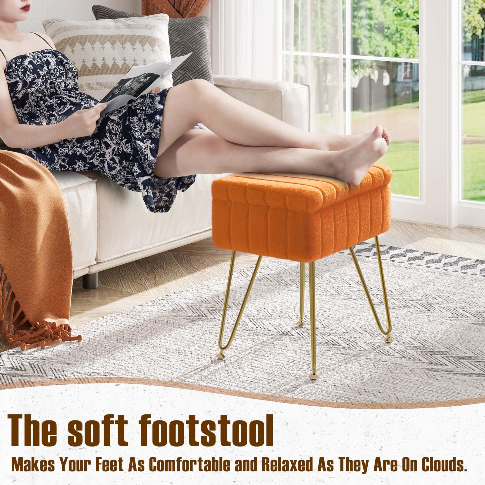 Greenstell Vanity Stool Chair Faux Fur with Storage, 19.4" H x 15.7" L x 11.8" W Soft Ottoman 4 Metal Legs with Anti-Slip Feet, Furry Padded Seat, Modern Multifunctional Chairs for Makeup, Bedroom