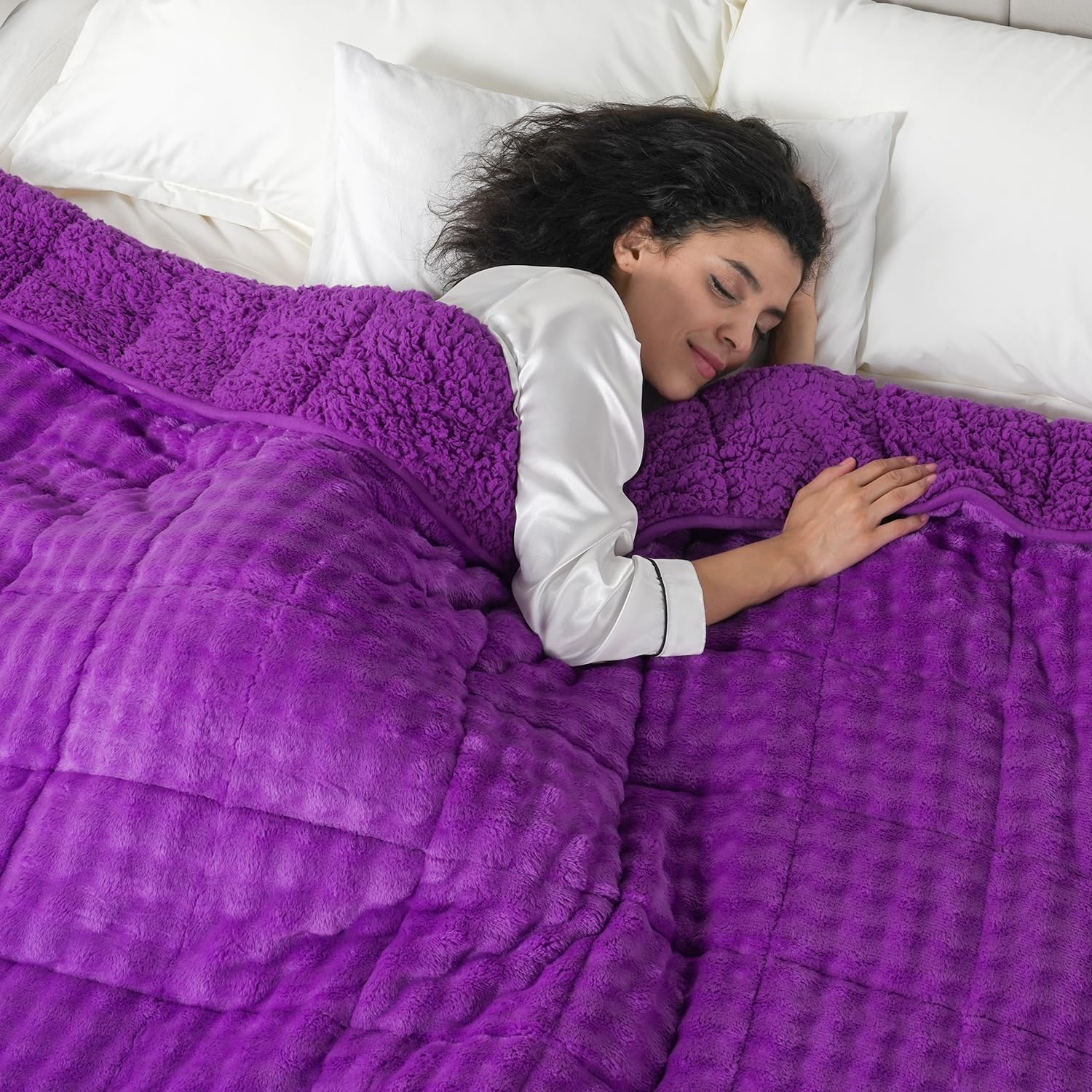 Cottonblue Weighted Blanket 15lbs Bubble Faux Fur Plush Sherpa Weighted Blankets for Adults, Fits Queen Size Bed, Cute Fuzzy Warm Heavy Blanket for Calm and Better Sleep, 60"x80", Cream White