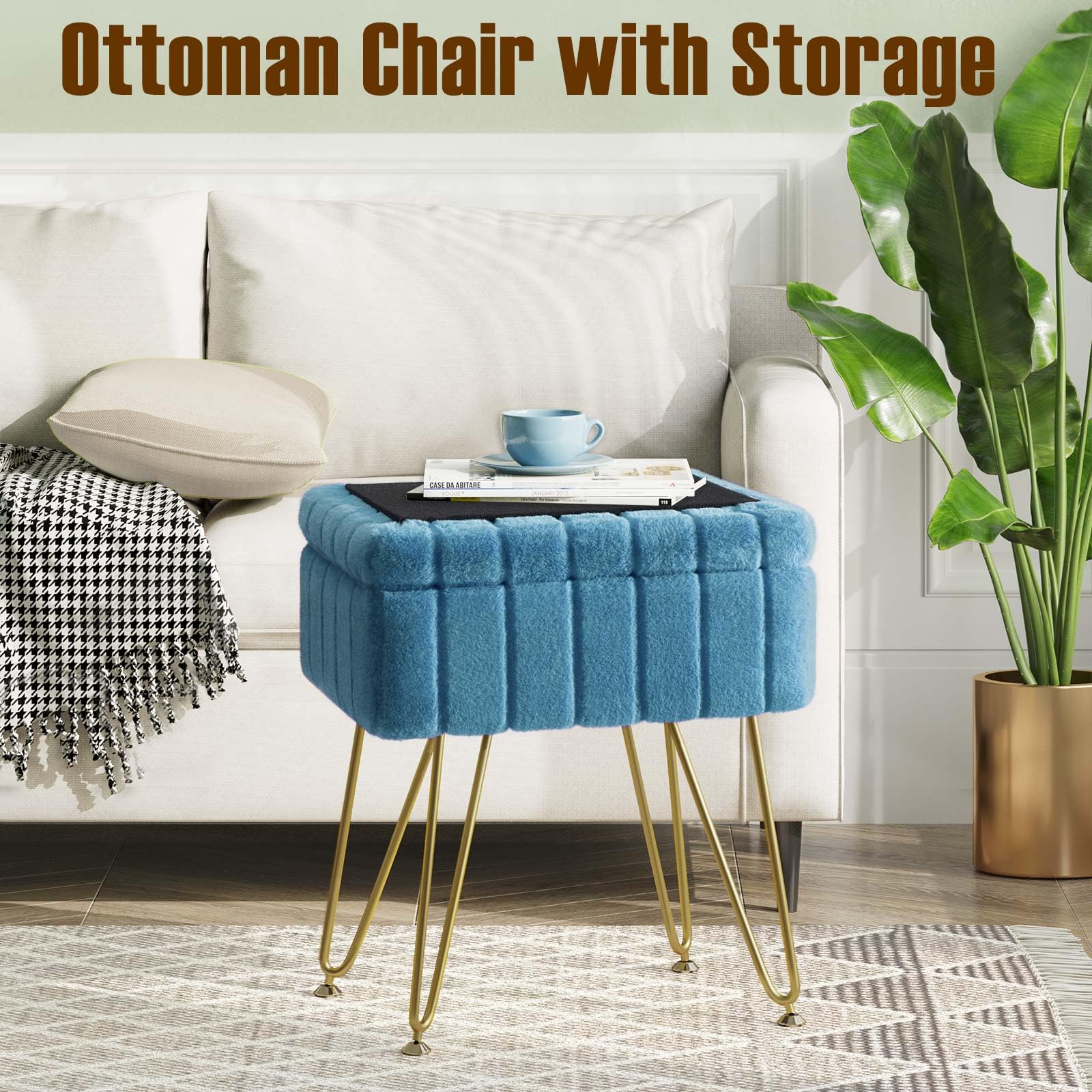 Greenstell Vanity Stool Chair Faux Fur with Storage, 19.4" H x 15.7" L x 11.8" W Soft Ottoman 4 Metal Legs with Anti-Slip Feet, Furry Padded Seat, Modern Multifunctional Chairs for Makeup, Bedroom