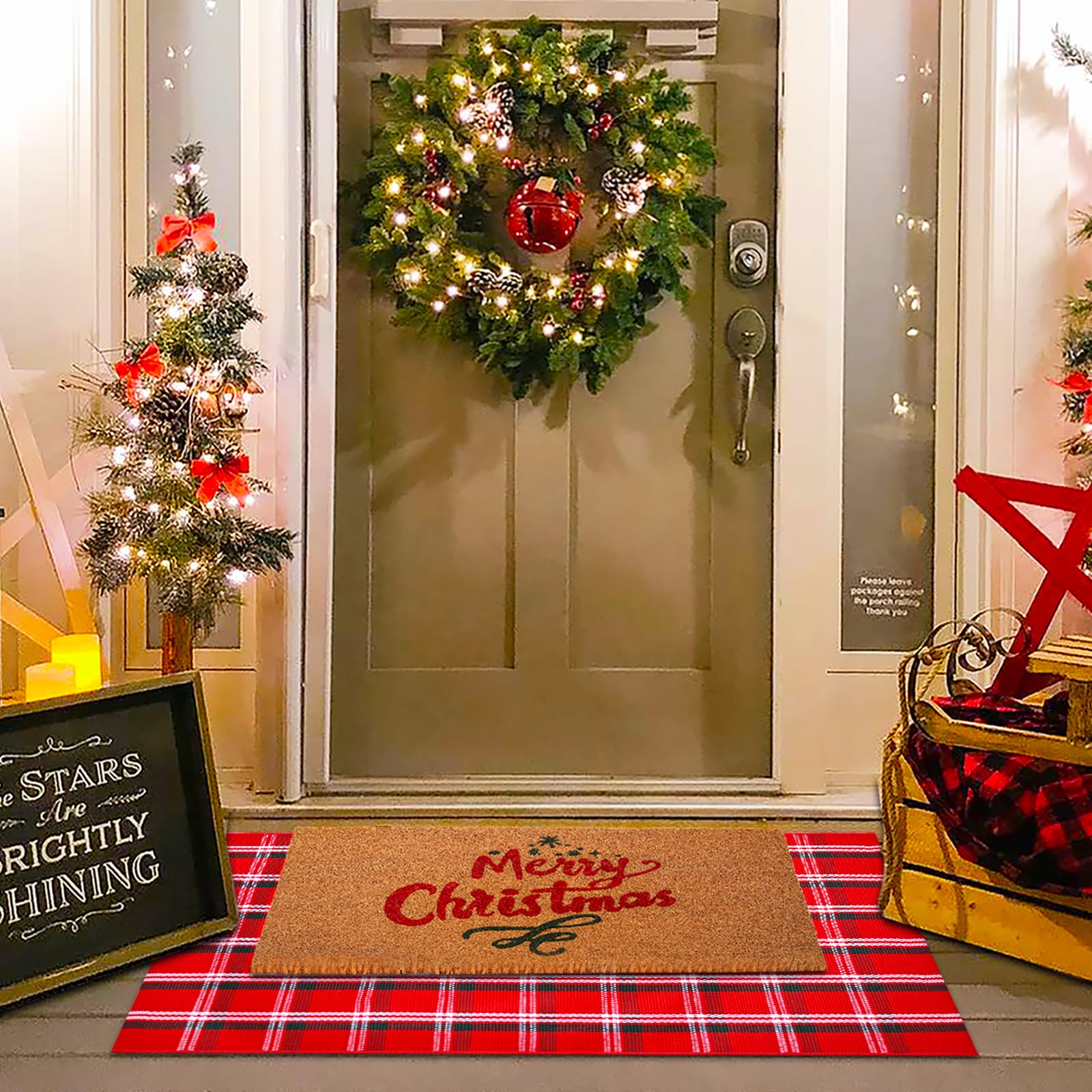 Christmas Red and White Plaid Rug - 28 x 43 Inches Outdoor Front Door Decor Mat Cotton Washable Hand-Woven Rug Christmas New Year Holiday Porch Entryway Layered Doormat