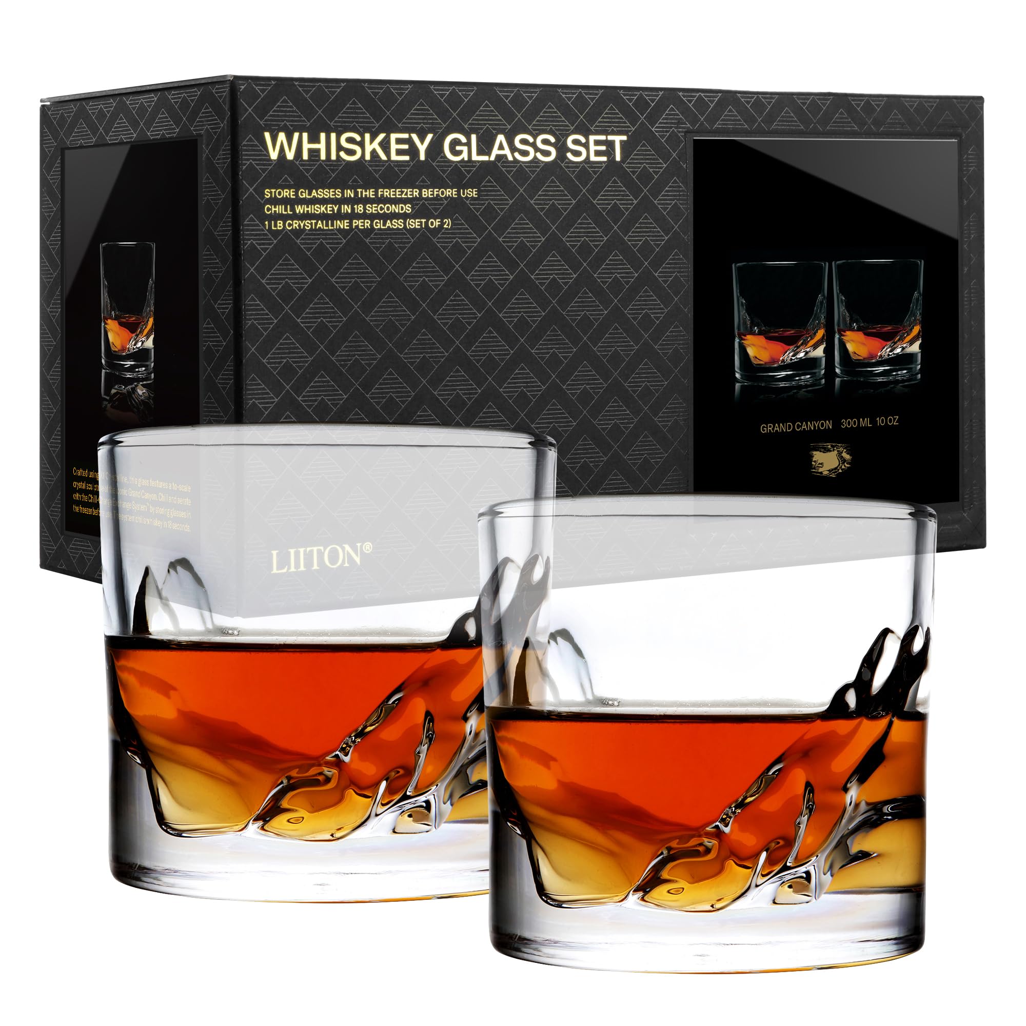 LIITON Heavy Crystal Whiskey Glasses Gift Set, Thick Freezable Bourbon Glass 1lb Each, Premium Whiskey Gifts for Men, Frozen Crystal Chills Cocktails Featuring Grand Canyon Glasses Set of 2, 10 oz
