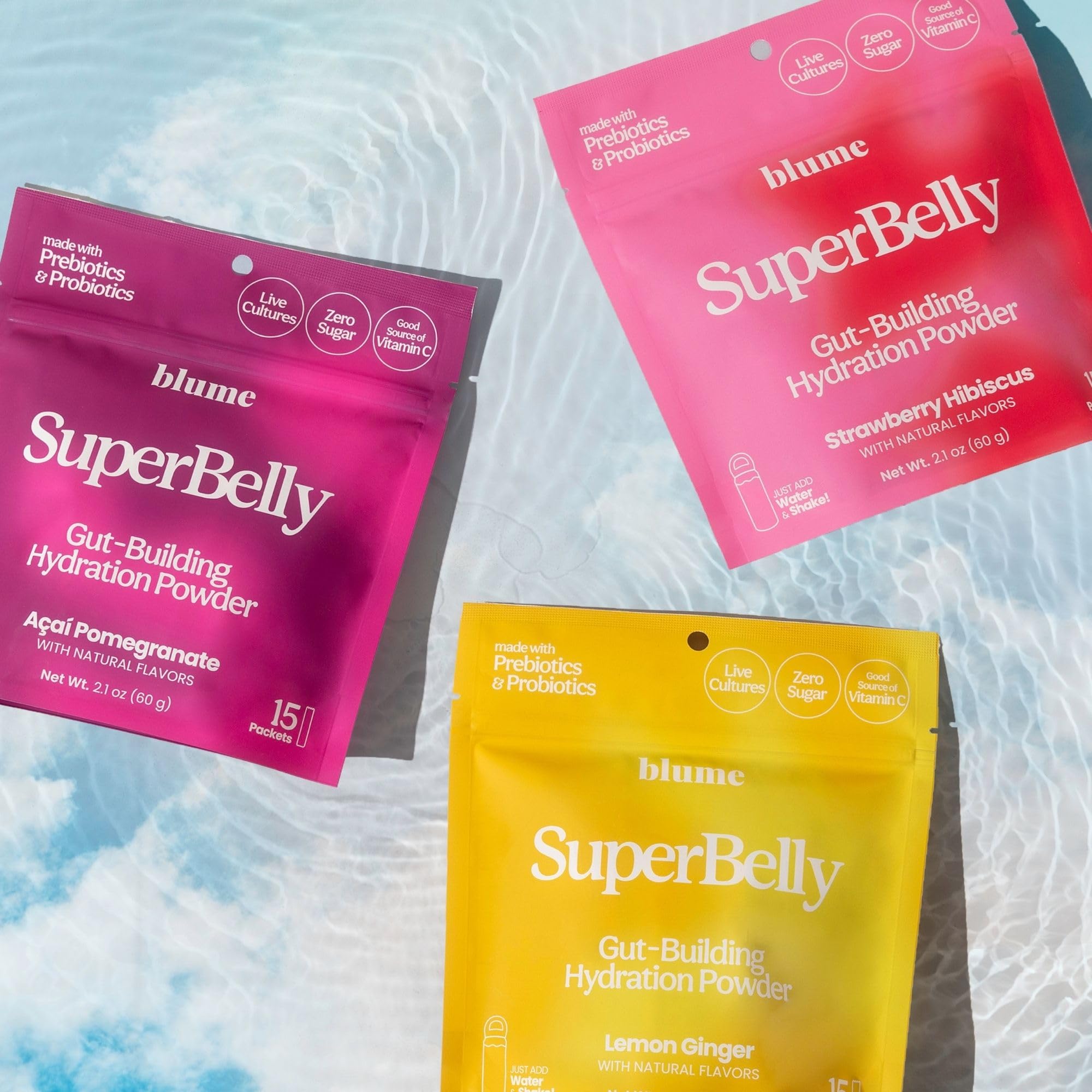 Blume SuperBelly Gut Health Hydration Packets, Sugar-Free, with Prebiotics, Probiotics, Apple Cider Vinegar, and Electrolytes, Strawberry Hibiscus, 15 Sticks