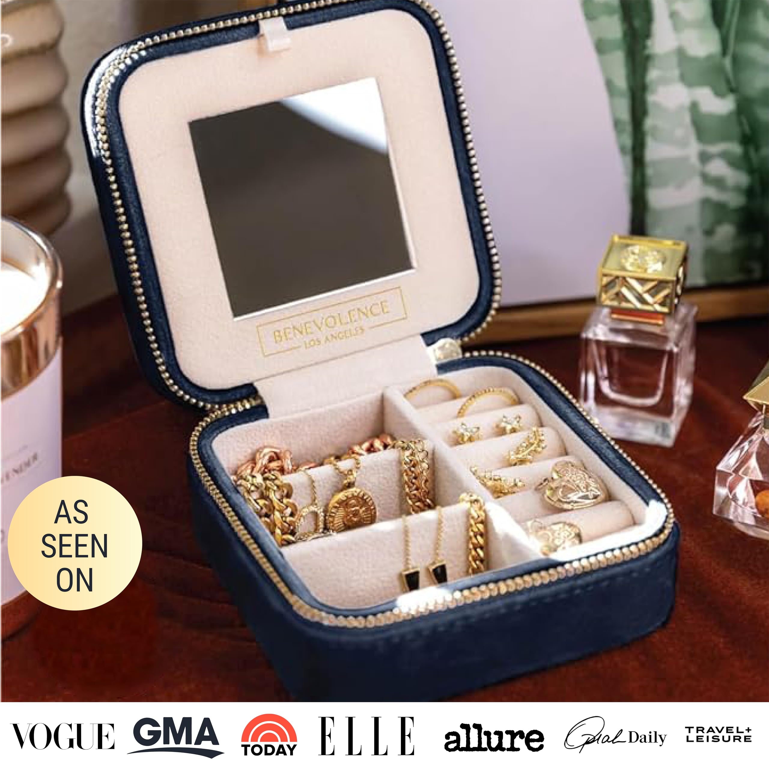 Benevolence LA Plush Velvet Travel Jewelry Storage Box | Travel Jewelry Case Small Jewelry Box for Women | Jewelry Travel Organizer | Earring Organizer with Mirror - Dusty Pink