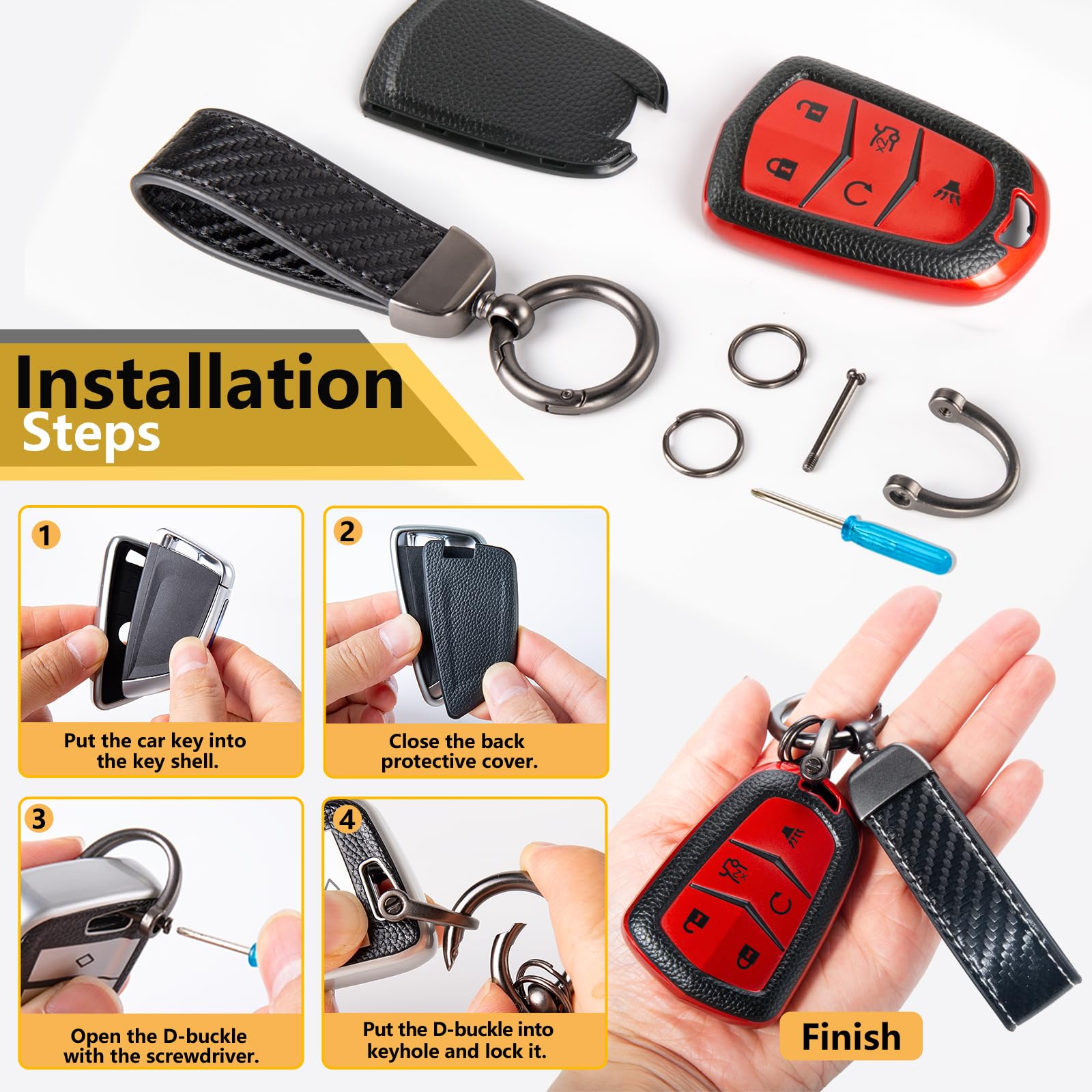 Cadillac Key Fob Cover with Metal Braided Rope Keychain, Upgraded Soft Key Case for 2015-2019 Escalade CTS SRX XT5 ATS STS CT6 (5 Button) (Gold Edge)