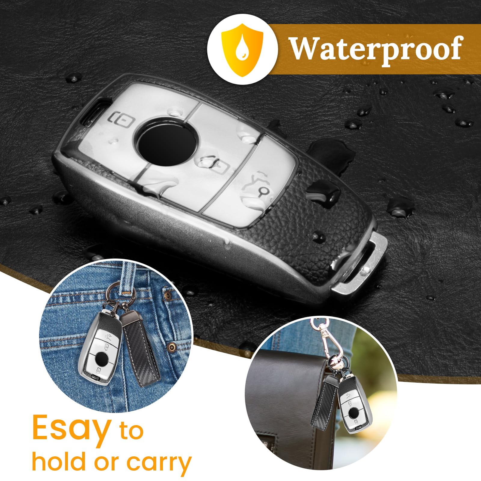 Cadillac Key Fob Cover with Metal Braided Rope Keychain, Upgraded Soft Key Case for 2015-2019 Escalade CTS SRX XT5 ATS STS CT6 (5 Button) (Gold Edge)