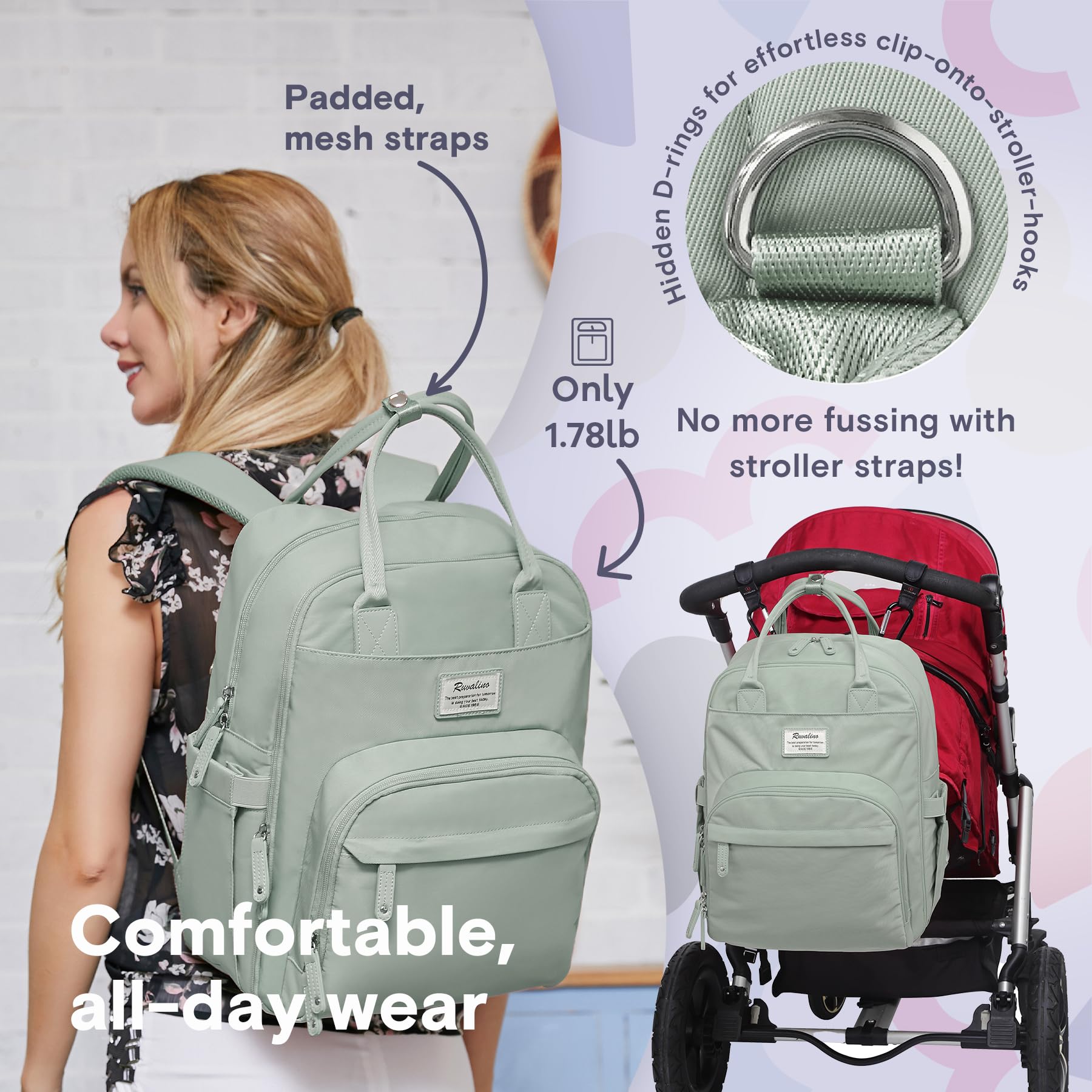 RUVALINO Diaper Bag Backpack, Multifunction Travel Pack Maternity Baby Changing Bags, Large Capacity, Waterproof, Beige