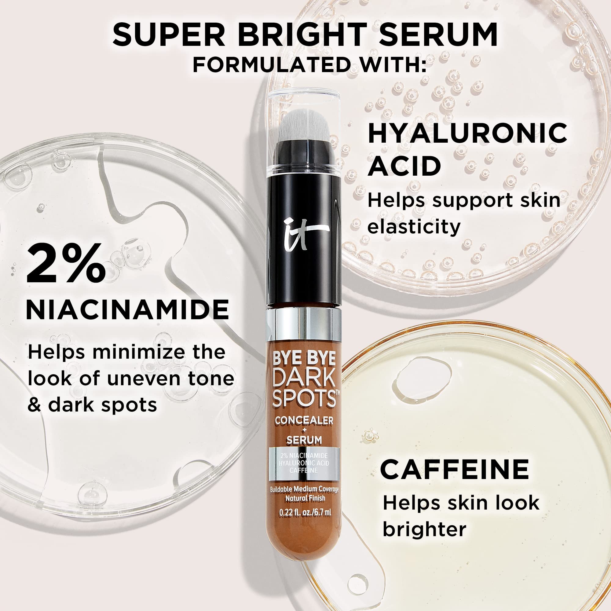 IT Cosmetics Bye Bye Dark Spots Concealer + Brightening Serum – 2% Niacinamide, Hyaluronic Acid & Caffeine - Medium Coverage, Natural Finish, All Skin Types - 0.22 fl oz