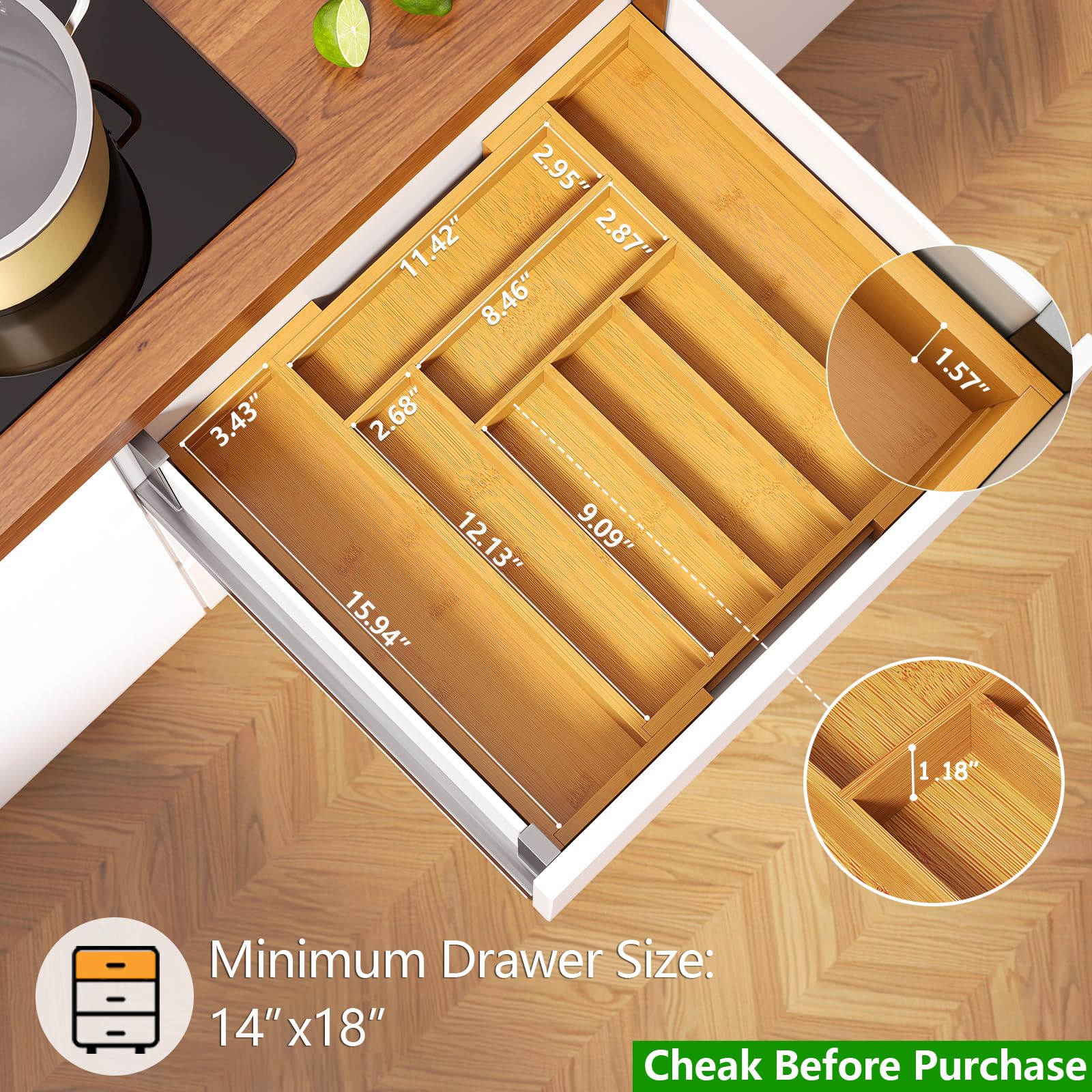 Bamboo Expandable Drawer Organizer for Utensils Holder, Adjustable Cutlery Tray, Wood Drawer Dividers Organizer for Silverware, Flatware, Knives in Kitchen, Bedroom, Living Room by Pipishell
