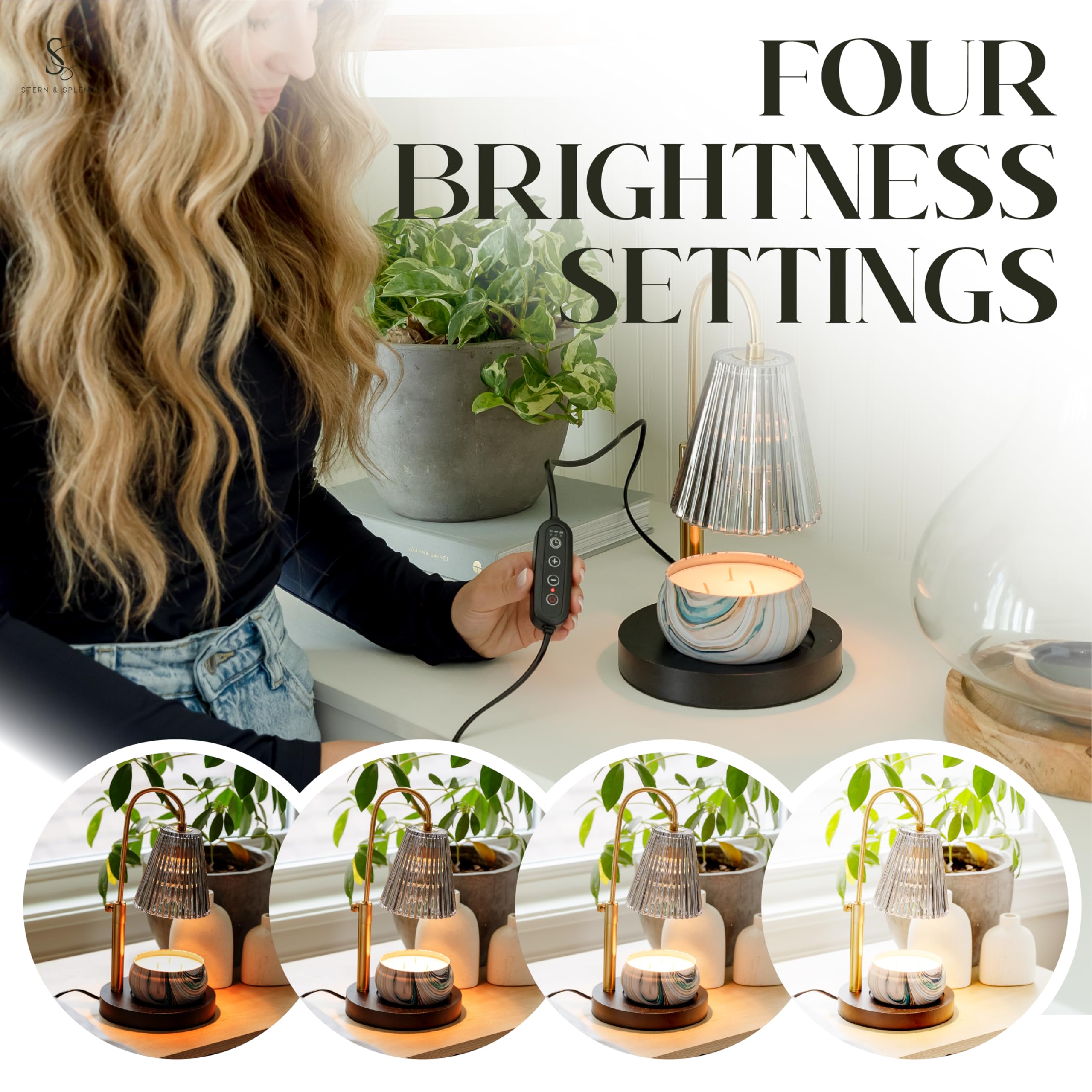 Flameless Candle Warmer Lamp for Jar Candles Large & Small – Dimmable Lamp Candle Warmer Electric with Large Marble Base & Adjustable Height – Candle Melter with Timer and 4 Halogen Light Bulbs