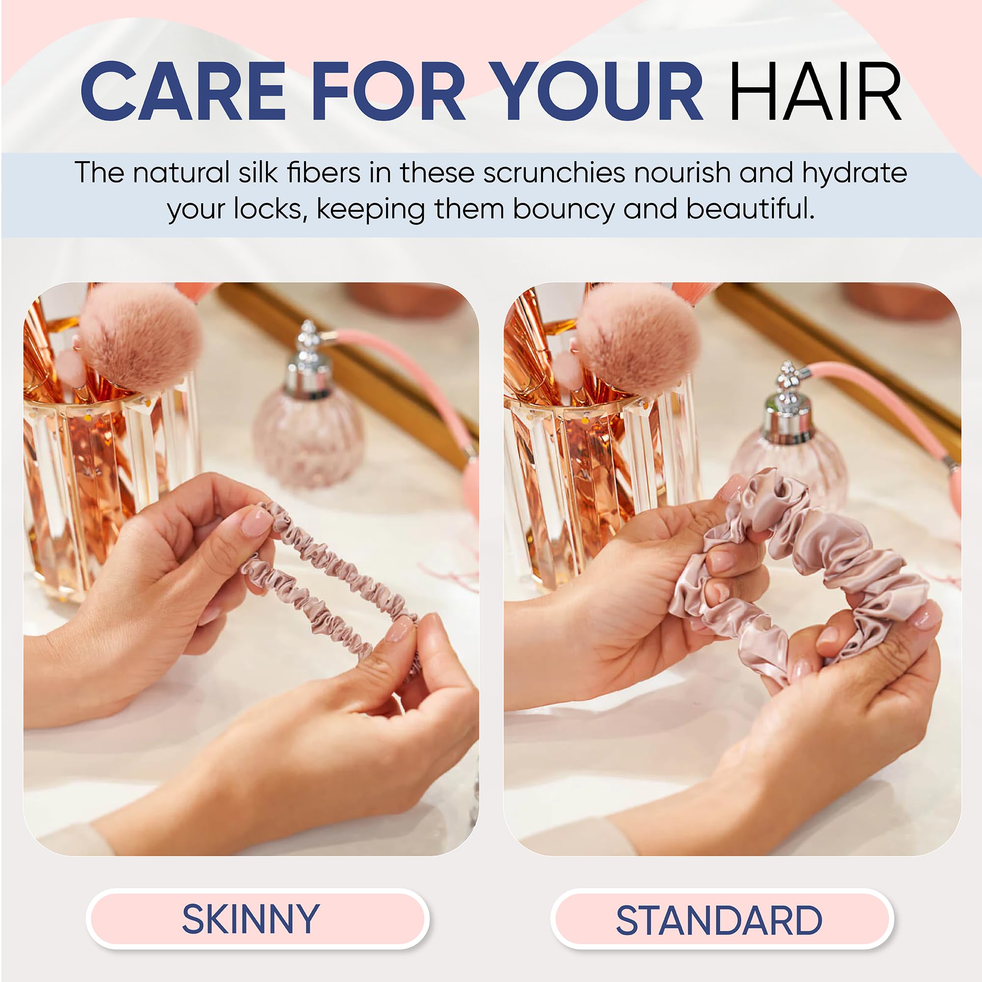 Blissy Silk Scrunchies (3 Pack) - 100% Pure Mulberry Silk - 22 Momme 6A High-Grade Fibers - Silk Scrunchie for Straight & Curly Hair - Preventing Breakage, Tangling, & Creasing (Rose Skinny)