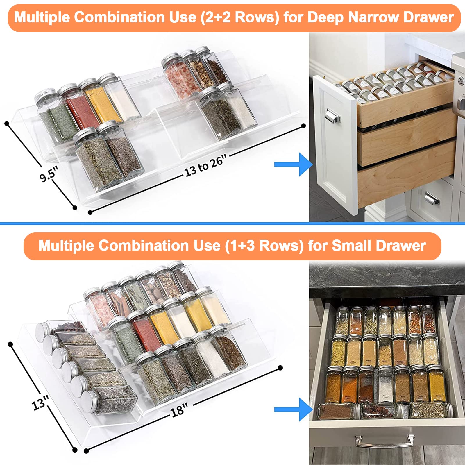 Clear Acrylic Spice Drawer Organizer, 4 Tier- 2 Set Expandable From 33 cm to 66 cm Seasoning Jars Drawers Insert, Kitchen Spice Rack Tray for Drawer/Countertop (Jars and Labels not included)