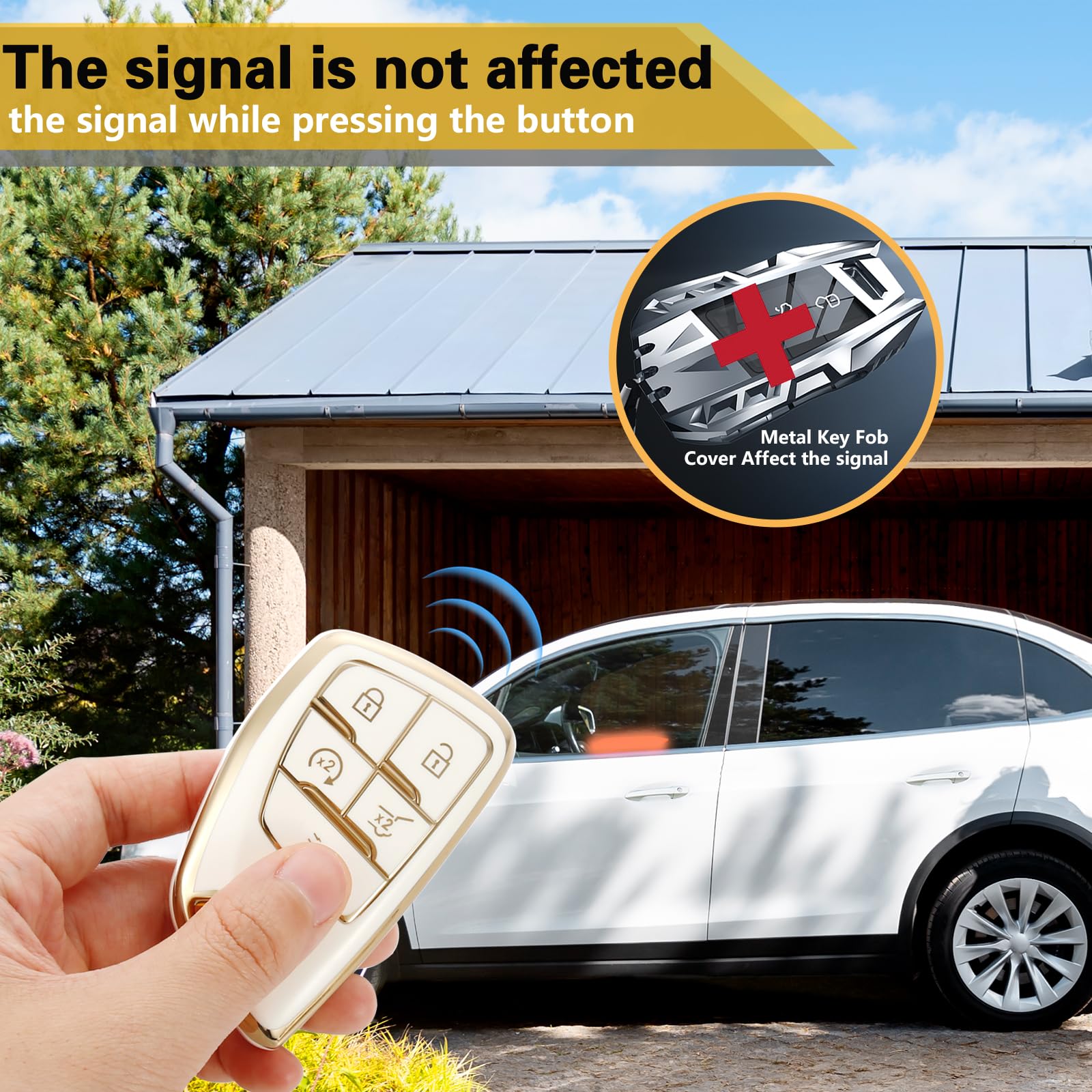 Cadillac Key Fob Cover with Metal Braided Rope Keychain, Upgraded Soft Key Case for 2015-2019 Escalade CTS SRX XT5 ATS STS CT6 (5 Button) (Gold Edge)