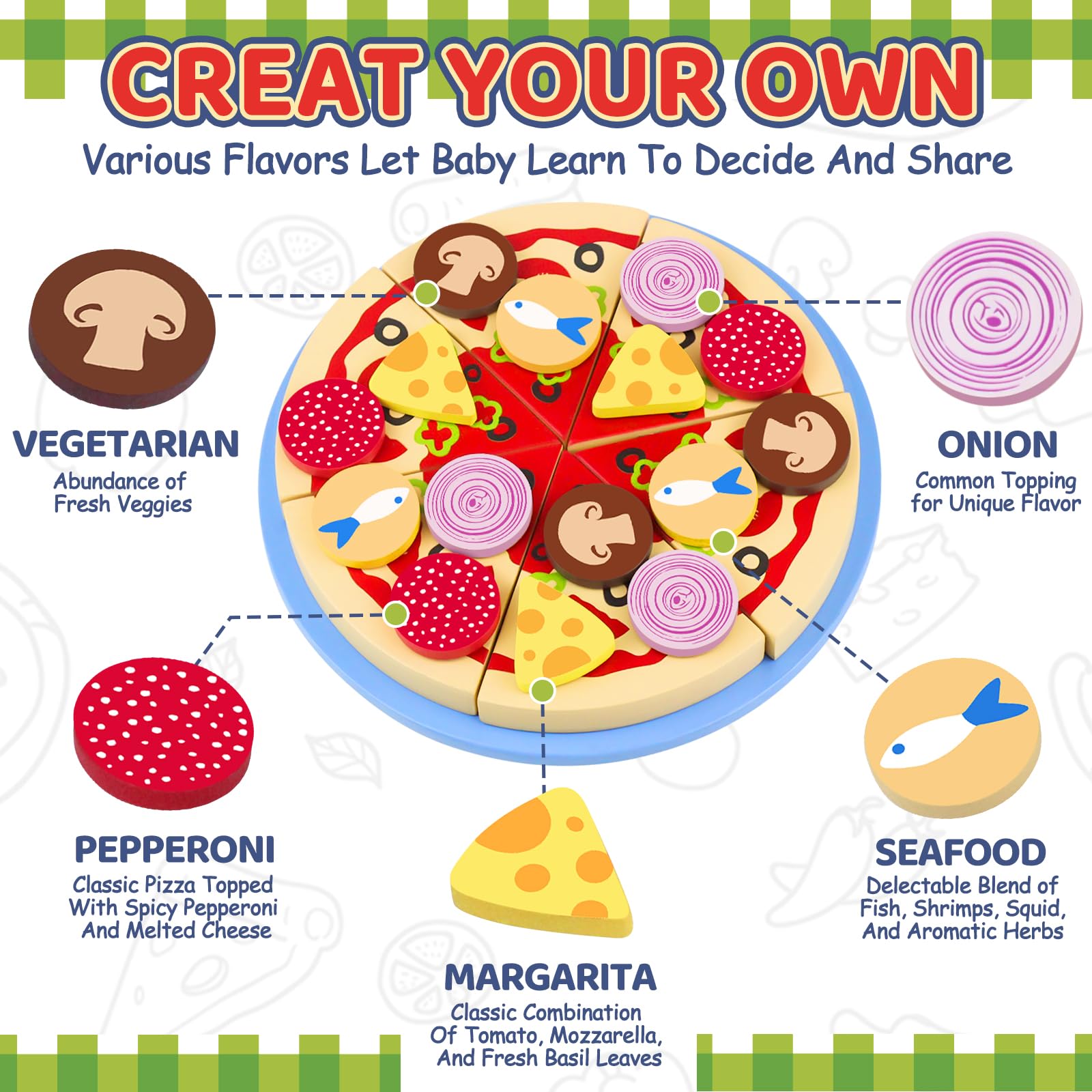 Beberolen Wooden Pizza Toy Play Food Set for Kids Pretend Play Kitchen Accessories Cutting Food Toys for 3 4 5 Years Old Toddlers Boys Girls