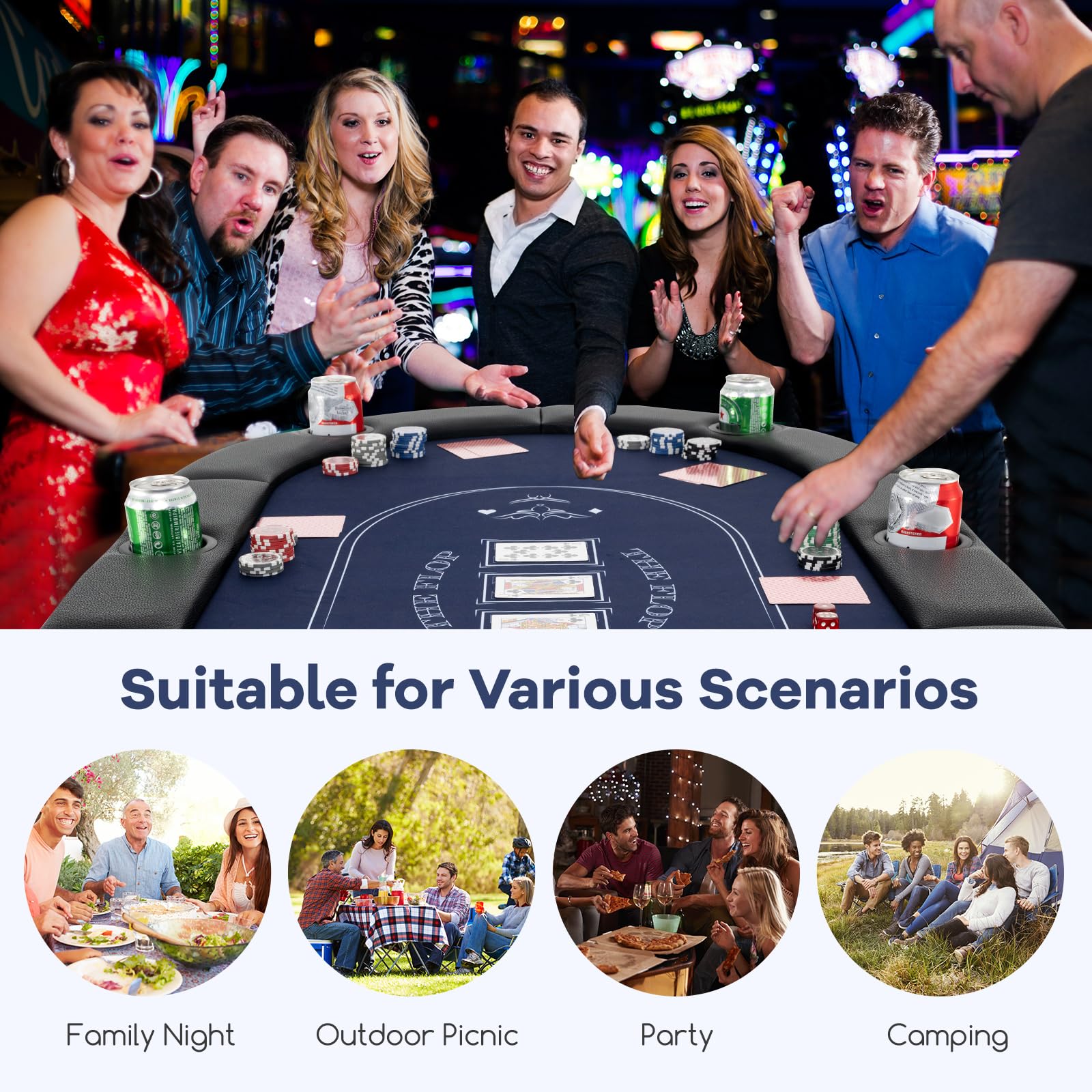 GYMAX Poker Table Foldable, 8-Player Texas Holdem Poker Table with Metal Cup Holders, Casino Grade Felt & Padded Rails, Portable Folding Poker Table for Leisure Game, Homes, Game Rooms (Black)