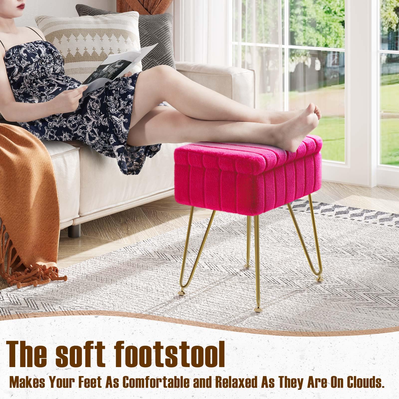 Greenstell Vanity Stool Chair Faux Fur with Storage, 19.4" H x 15.7" L x 11.8" W Soft Ottoman 4 Metal Legs with Anti-Slip Feet, Furry Padded Seat, Modern Multifunctional Chairs for Makeup, Bedroom