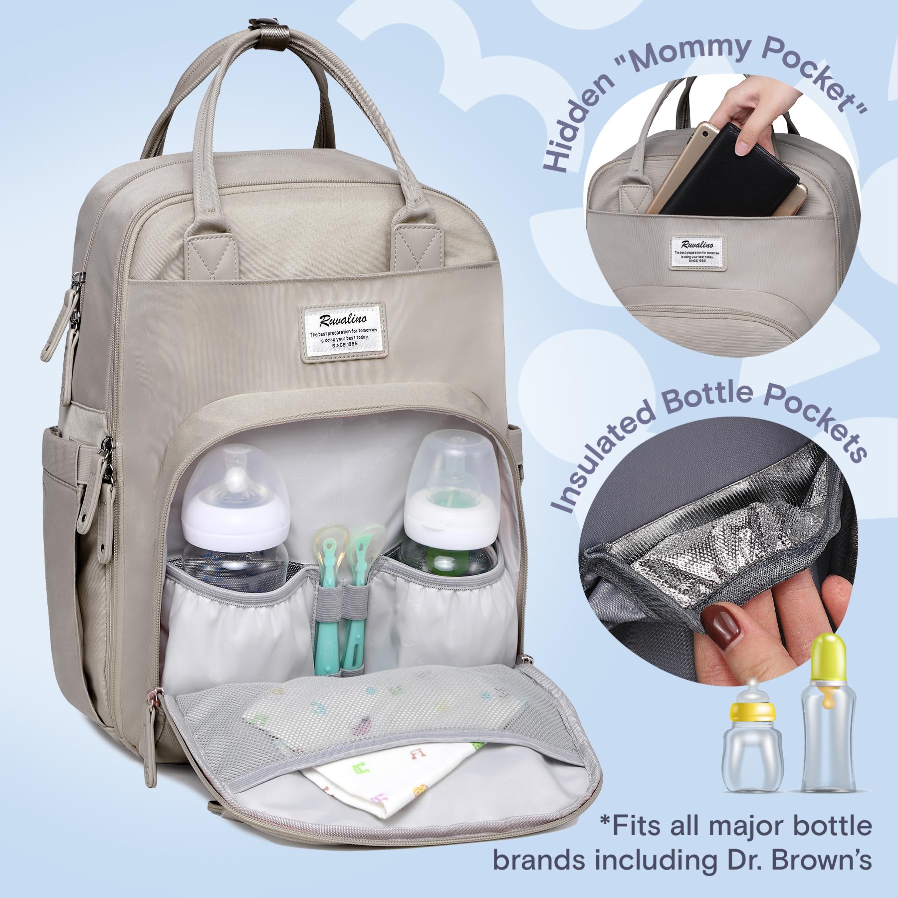 RUVALINO Diaper Bag Backpack, Multifunction Travel Pack Maternity Baby Changing Bags, Large Capacity, Waterproof, Beige