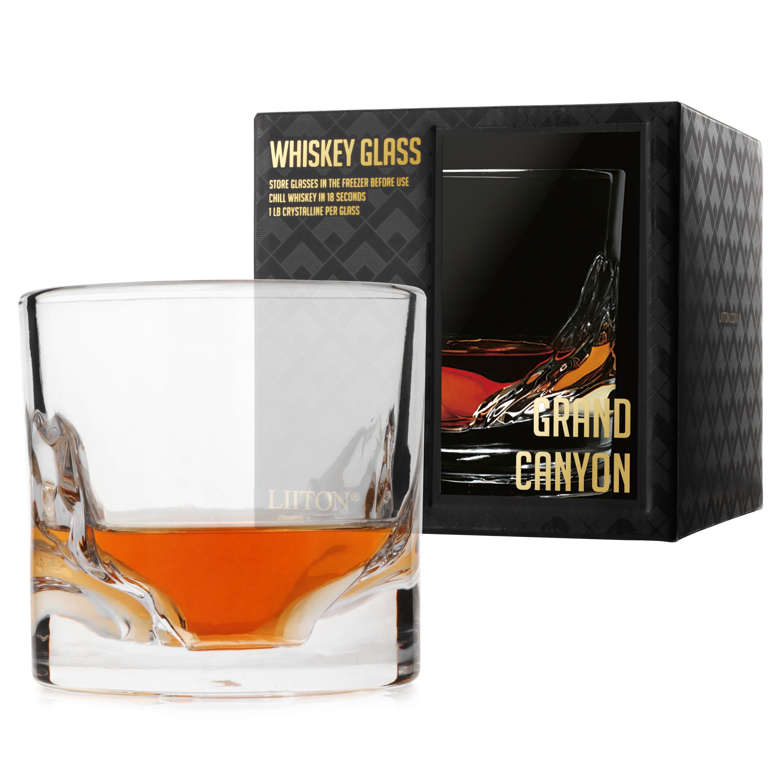 LIITON Heavy Crystal Whiskey Glasses Gift Set, Thick Freezable Bourbon Glass 1lb Each, Premium Whiskey Gifts for Men, Frozen Crystal Chills Cocktails Featuring Grand Canyon Glasses Set of 2, 10 oz