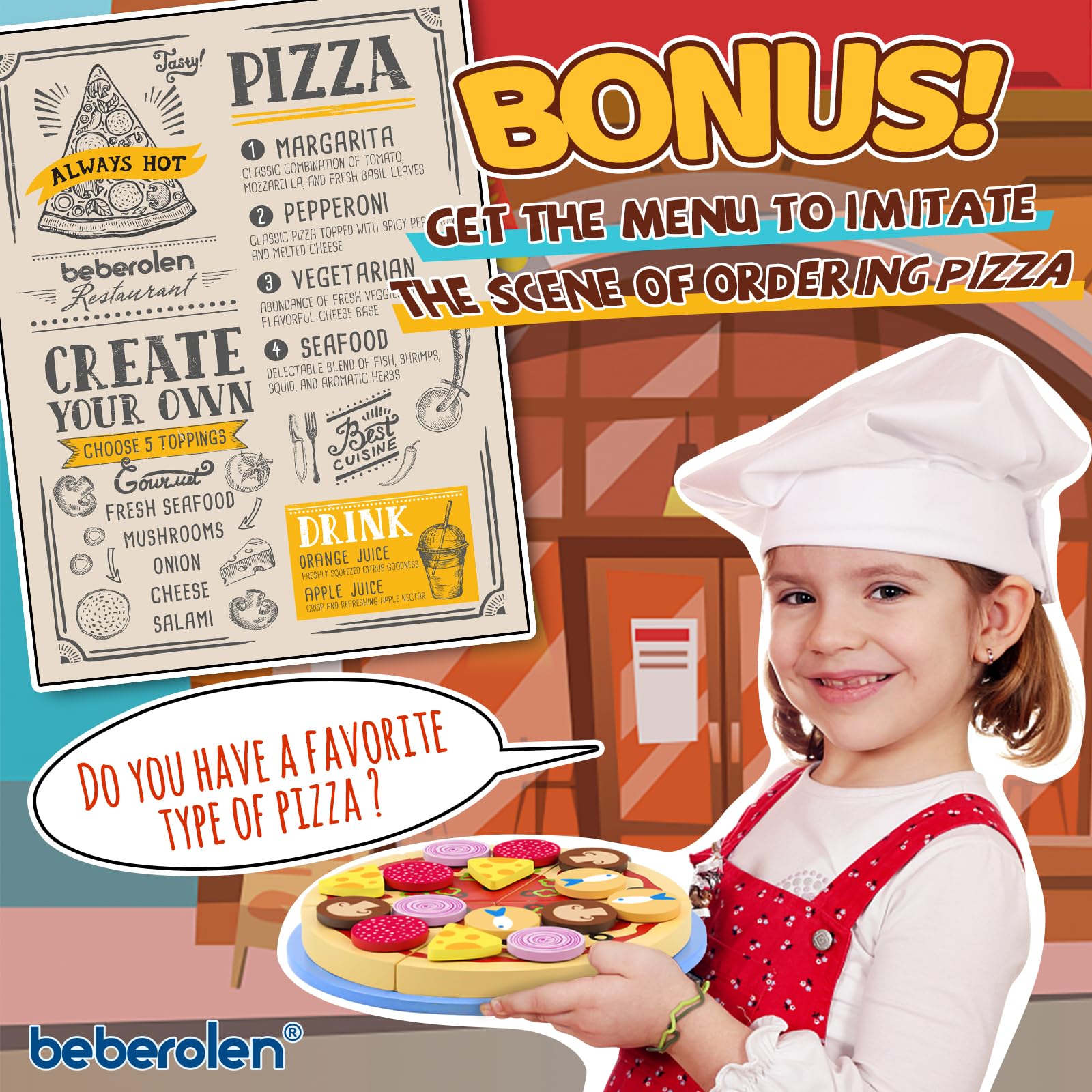 Beberolen Wooden Pizza Toy Play Food Set for Kids Pretend Play Kitchen Accessories Cutting Food Toys for 3 4 5 Years Old Toddlers Boys Girls