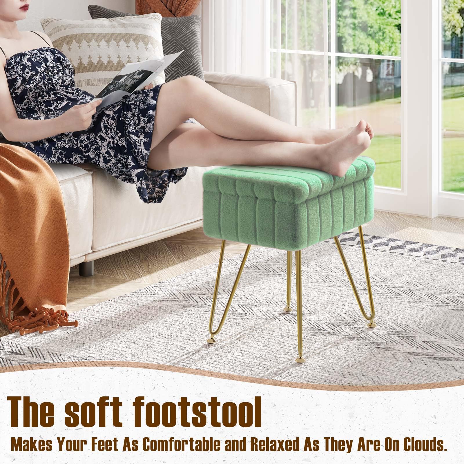 Greenstell Vanity Stool Chair Faux Fur with Storage, 19.4" H x 15.7" L x 11.8" W Soft Ottoman 4 Metal Legs with Anti-Slip Feet, Furry Padded Seat, Modern Multifunctional Chairs for Makeup, Bedroom