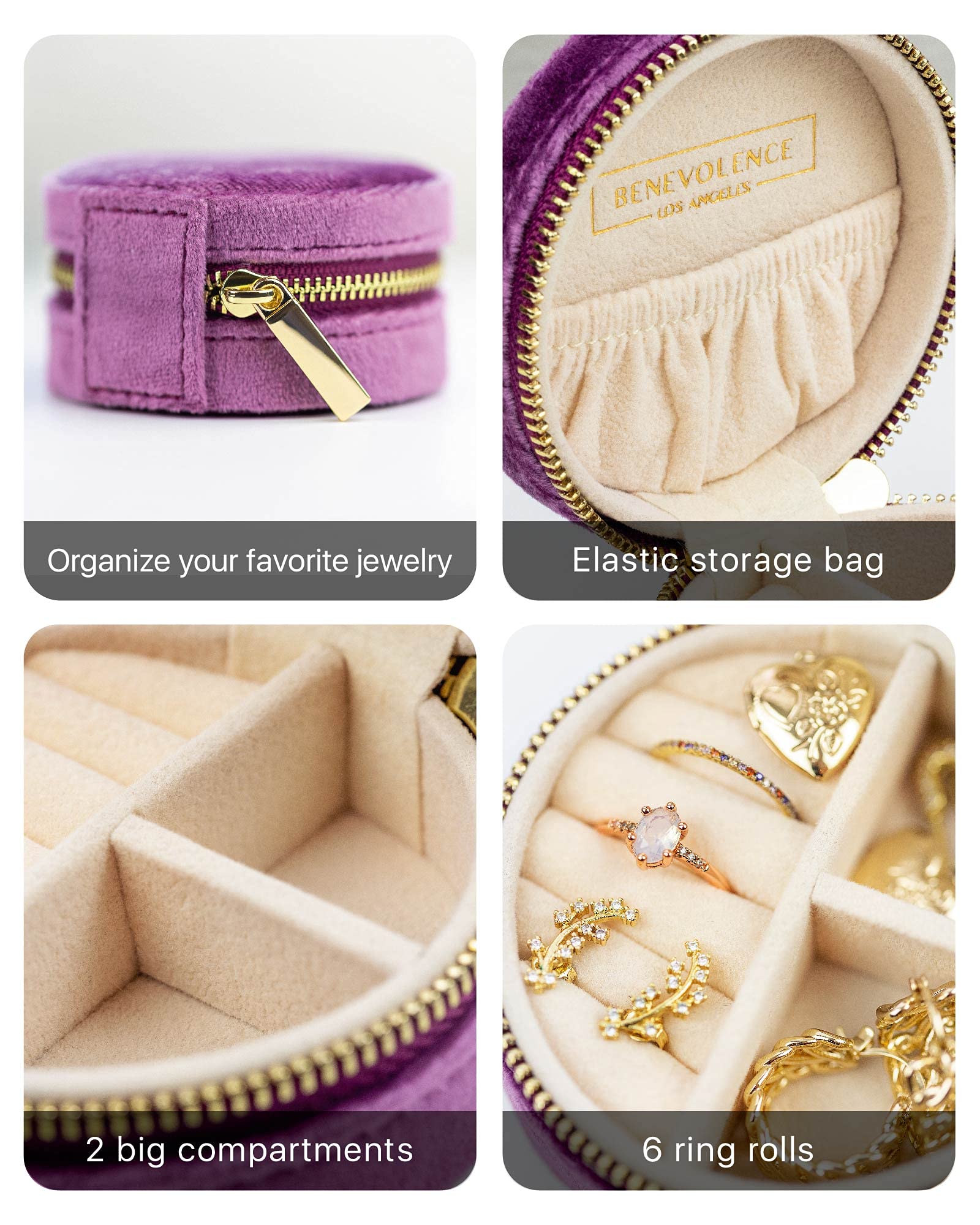 Benevolence LA Plush Velvet Travel Jewelry Storage Box | Travel Jewelry Case Small Jewelry Box for Women | Jewelry Travel Organizer | Earring Organizer with Mirror - Dusty Pink